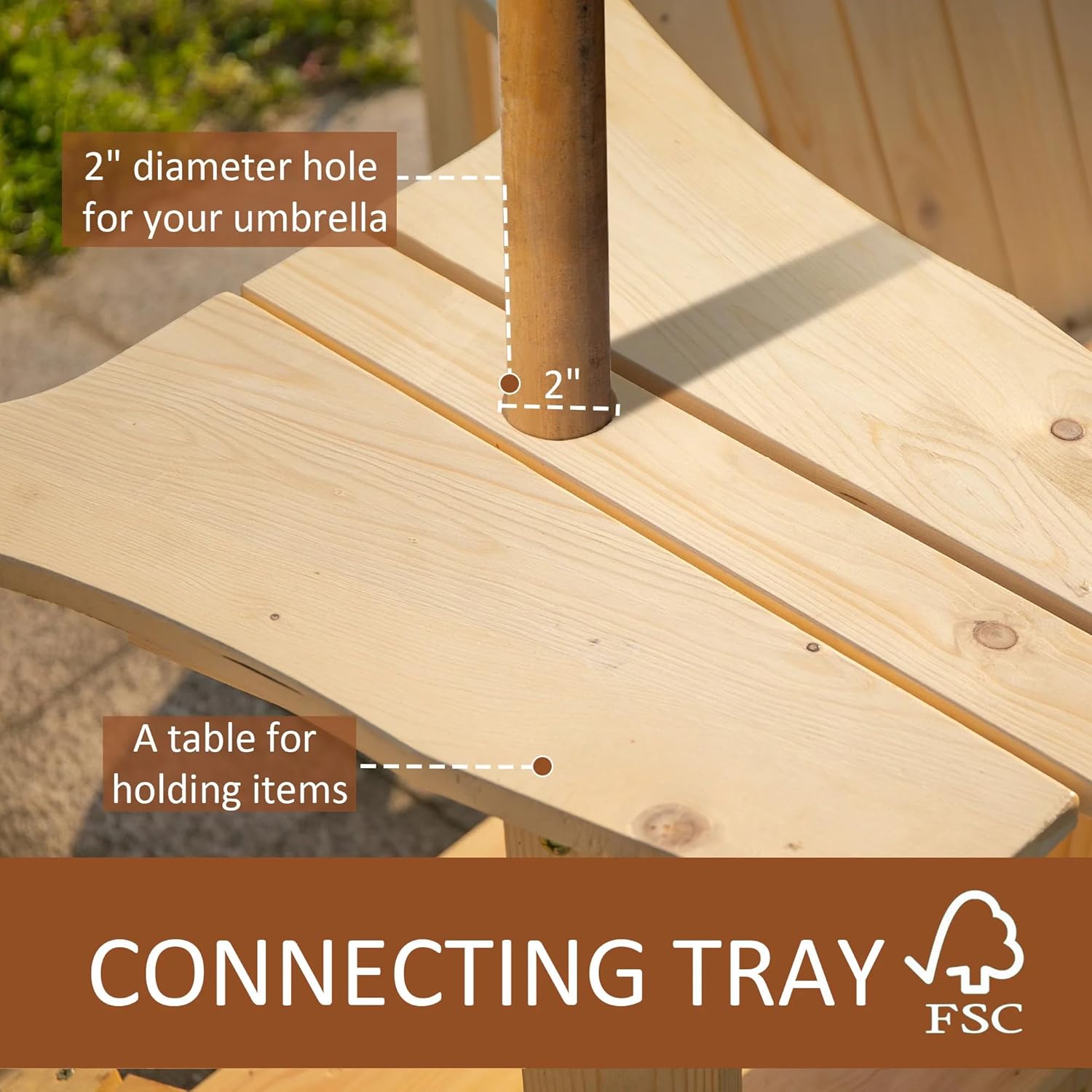 Wooden Adirondack Chair for Two, Outdoor Fire Pit Chair Set with Table & Umbrella Hole, Patio Outdoor Chairs for Deck Lawn Pool Backyard, Natural