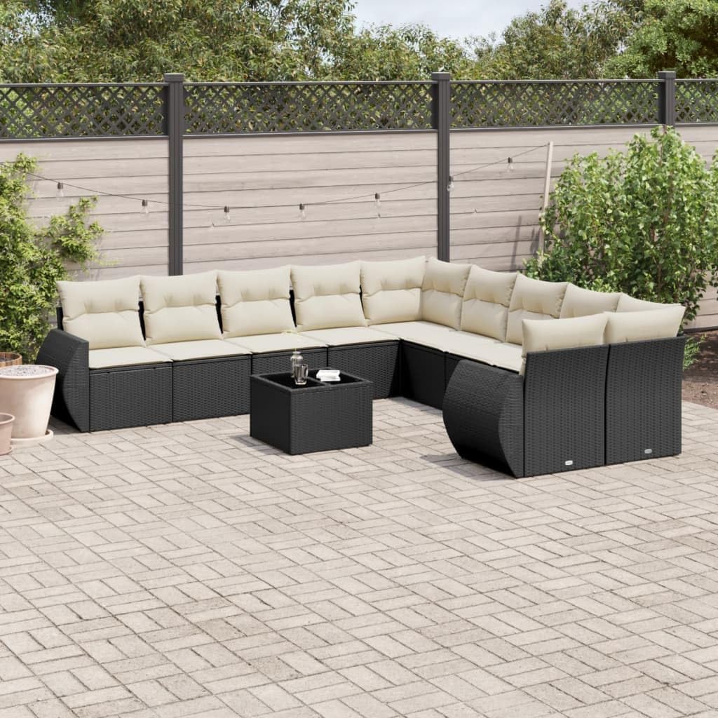 11 Piece Garden Sofa Set Black and Cream White Modular Outdoor Furniture with Storage and Thick Cushions for Patio Yard Balcony