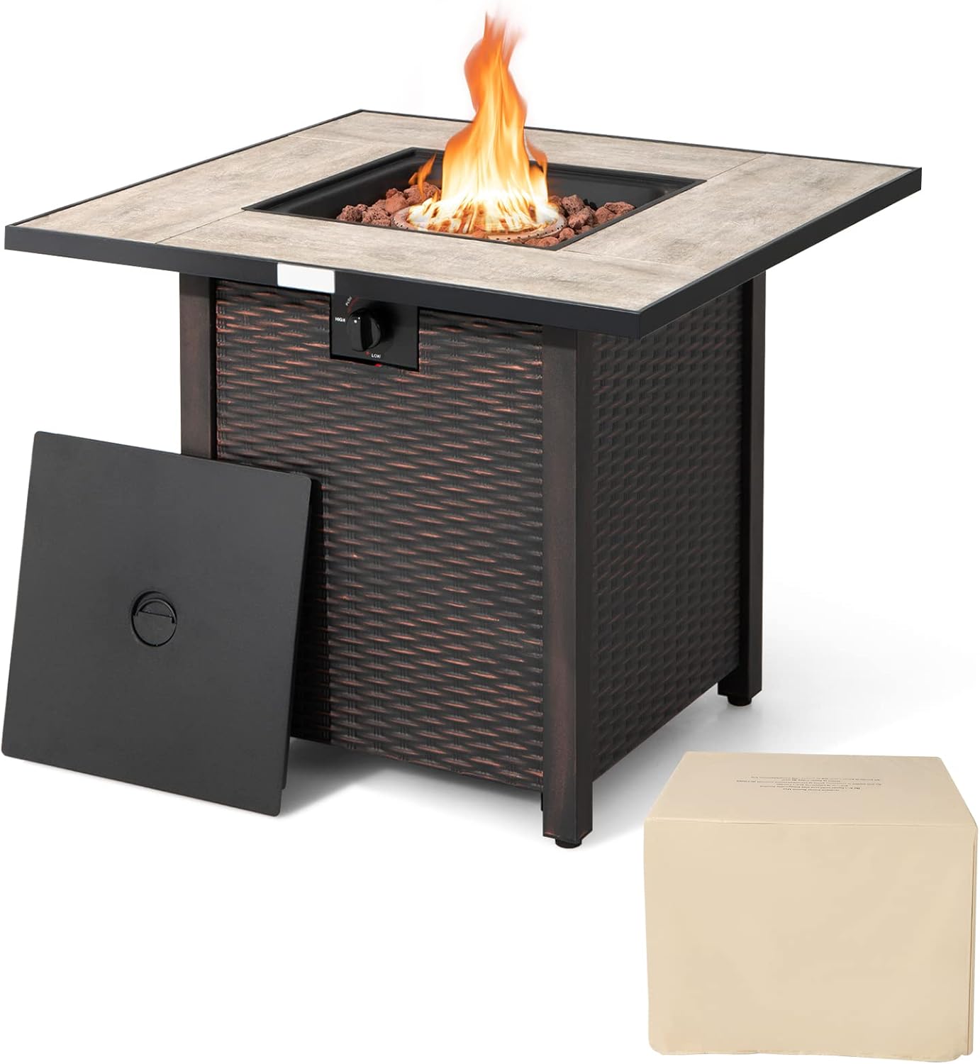 Tangkula 30 Inch Propane Gas Fire Pit Table, Patiojoy 50,000 BTU Square Fire Table with Ceramic Tabletop, PVC Cover & Lava Rocks Included, Perfect for Backyard, Outdoor (Black)