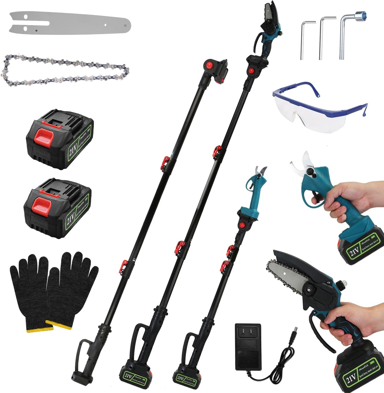 Electric Pruner Kit,4 in 1, Max 5.5FT,2 Pcs Batteries,4”/6” Cordless Chainsaw & Electric Pruning Shears with Max 5.5 ft Extension Pole, SK5 Blades Brushless Pruning Shear For Garden Yard