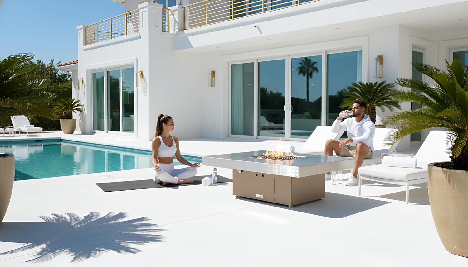 COOKE Santa Barbara Rectangular Fire Pit Table - 48 x 36 - Natural Gas - Brushed Aluminum Top -Beige Powdercoat Base