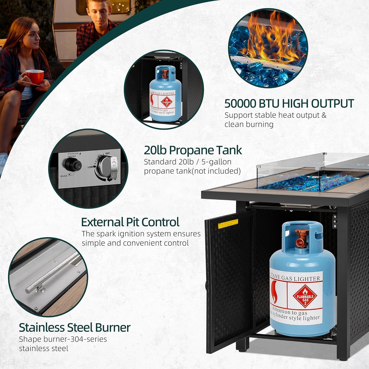 45 inch Gas Fire Pit Table, Patio Outdoor Propane Fire Pits with Removable Lid & Waterproof Cover, 50000 BTU with Lava Rock and Alumium Frame Tables for Patio Garden(Black)