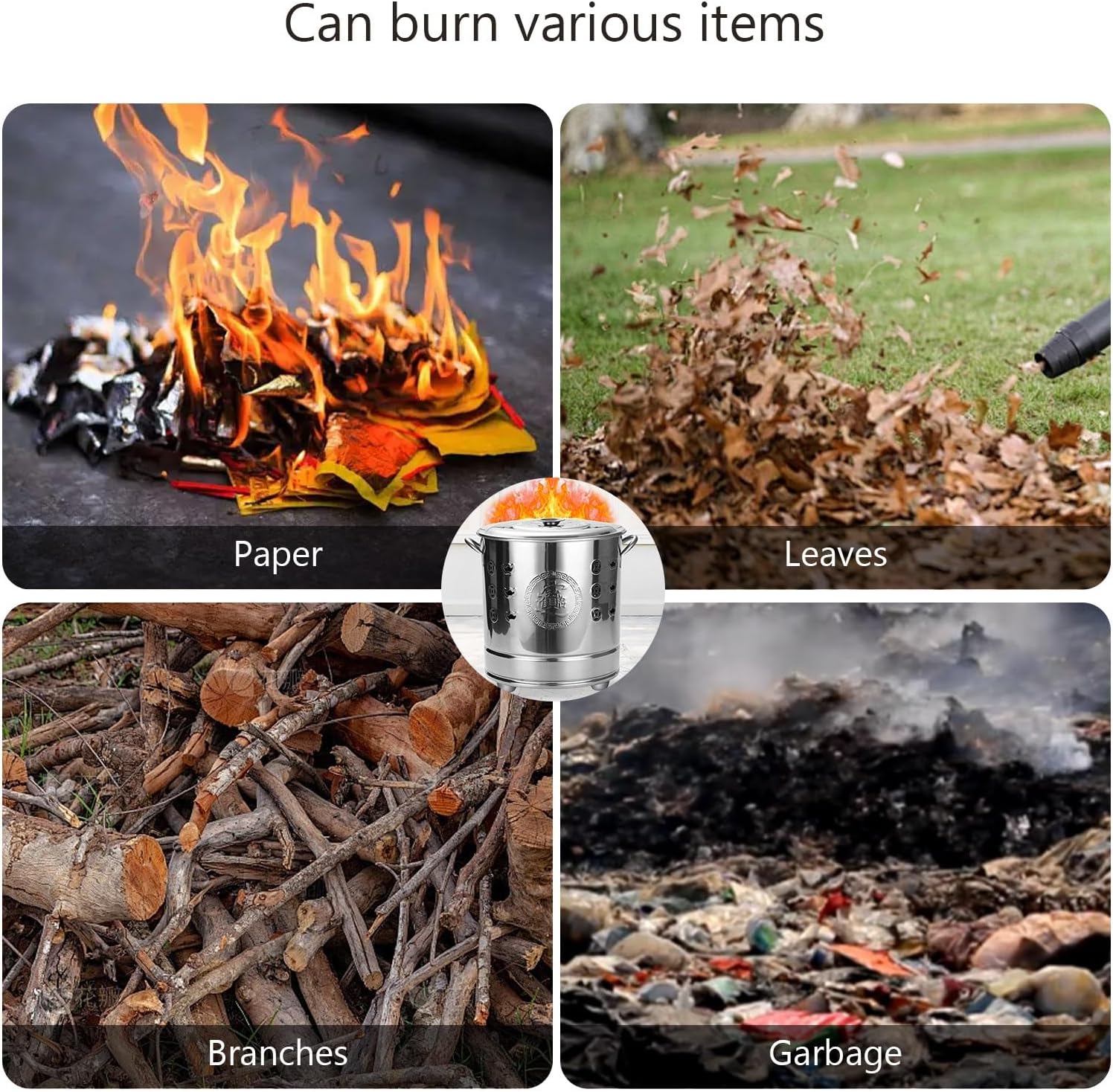 Stainless Steel Incinerator, Heat-Resistant Burn Barrel, Fire Barrel with Lid, for Leaves, Trash, Documents & Backyard Debris