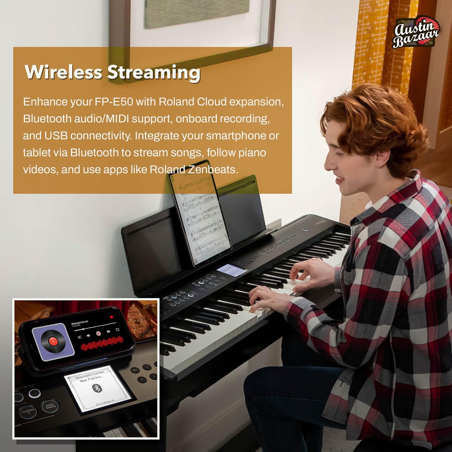 Roland FP-E50 88-Key Digital Piano - Black Bundle with Adjustable Stand, Bench, Deluxe Sustain Pedal, Piano Book, Online Piano Lessons, Instructional DVD, and Austin Bazaar Polishing Cloth