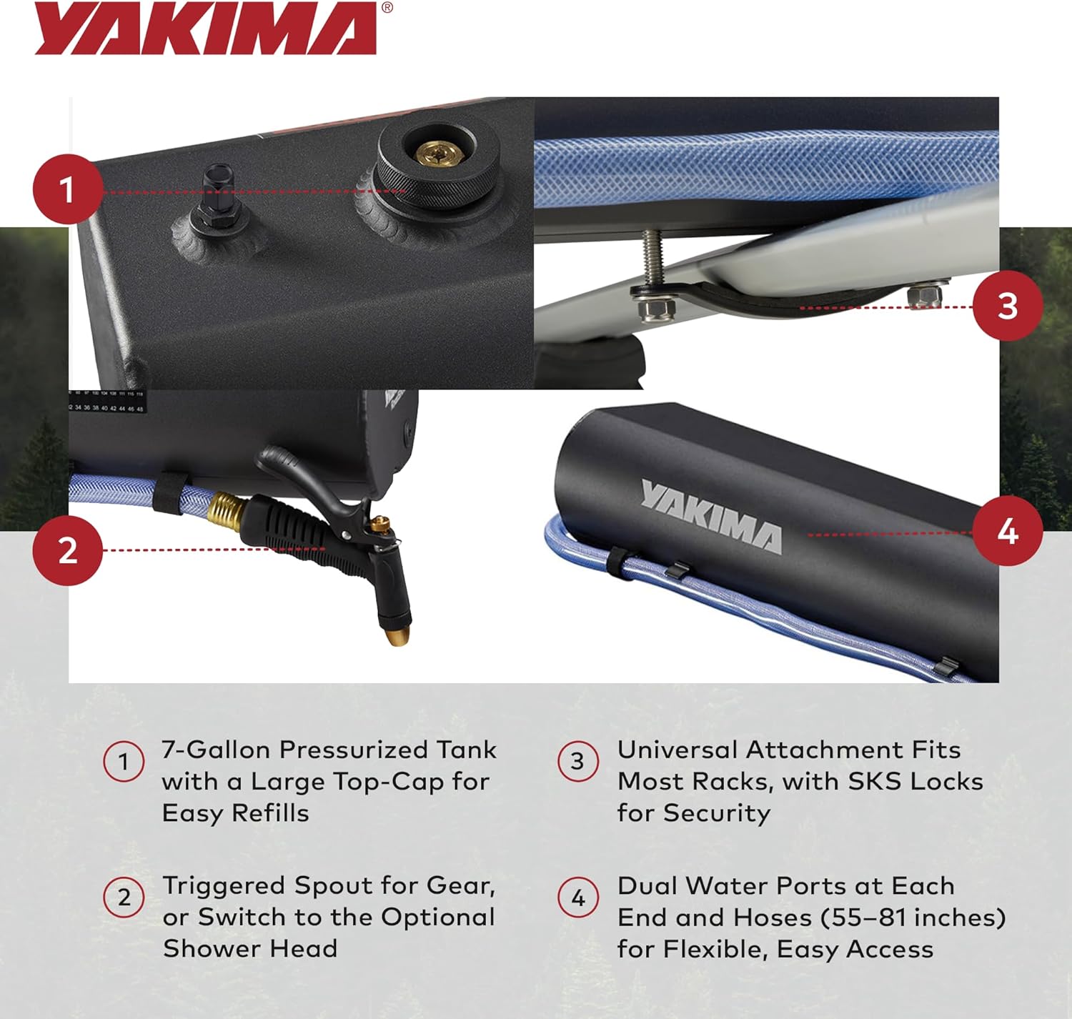 Yakima RoadShower Portable Aluminum Pressurized Water Storage with Garden Hose Adapter and 2 Outlet Water Ports