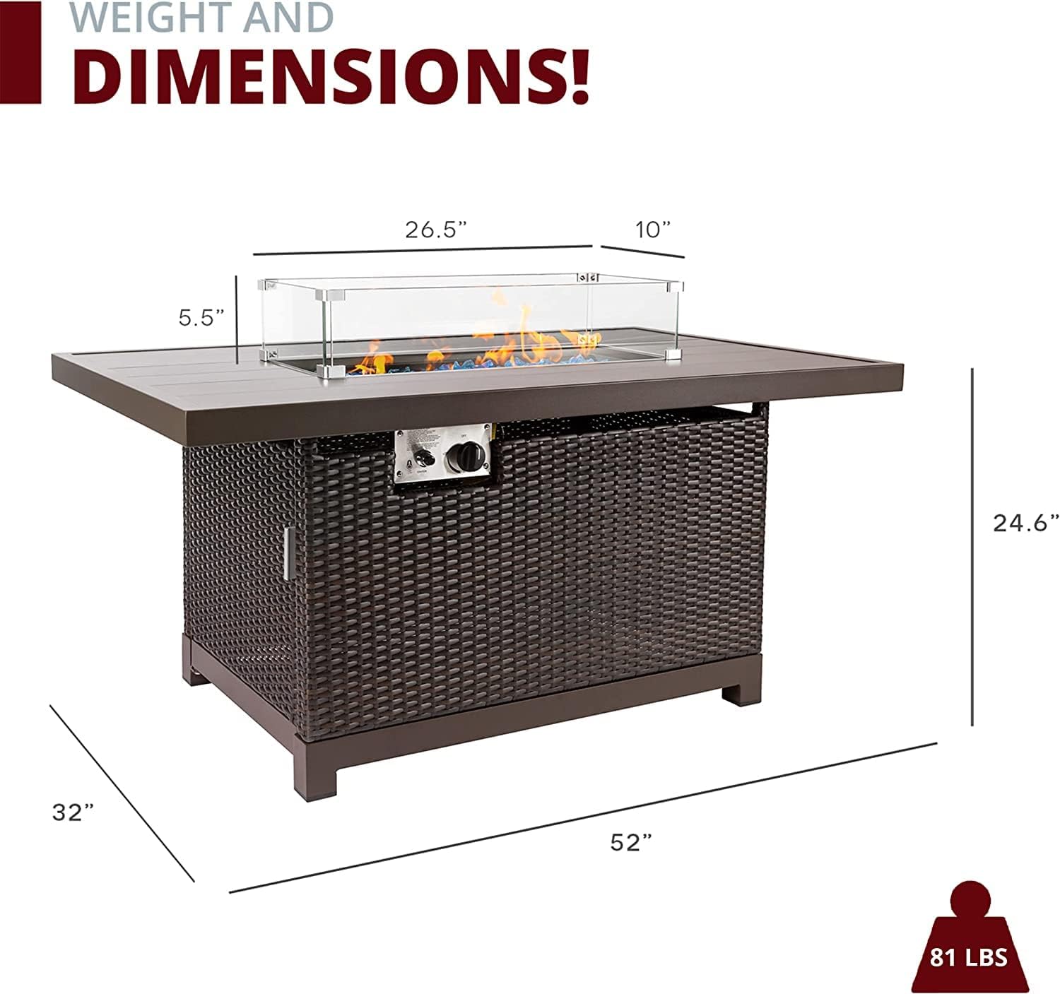 52 inch Outdoor Propane Fire Pit Table 50,000 BTU Patio Firepit Outdoor,Rectangle Fire Table with Lid, Aluminum Tabletop, Rattan Wicker, Auto-Ignition, Wind Guard (Brown)
