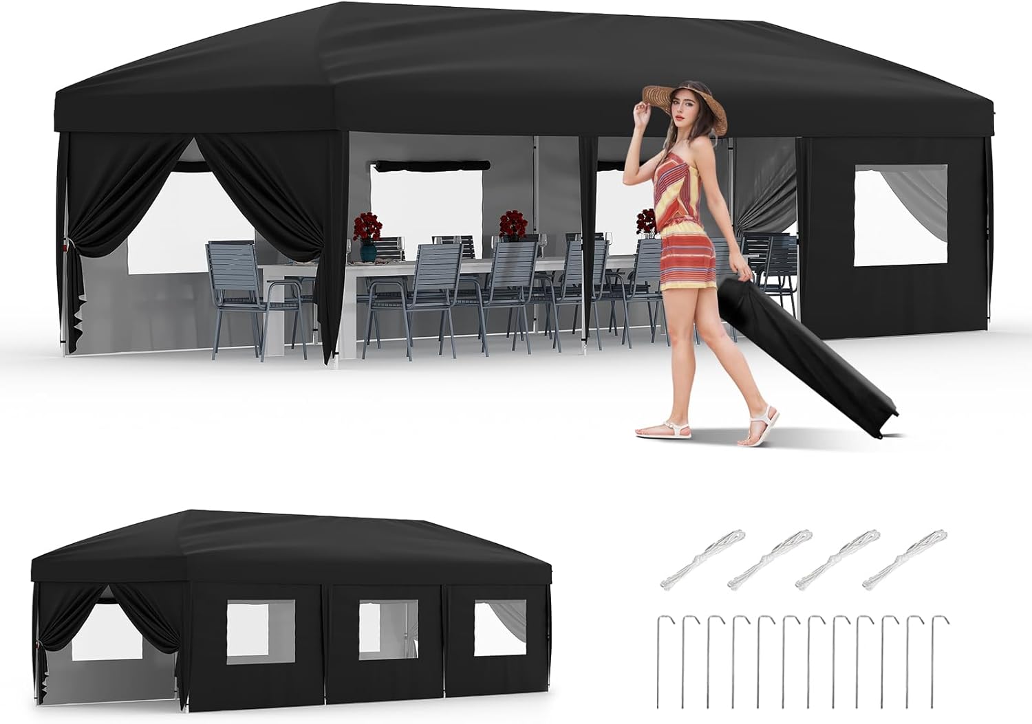 10x30 Pop Up Canopy with 8 Sidewalls - Heavy Duty Outdoor Canopy Tent with Portable Roller Bag - 3 Adjustable Height, 8 Weight Bags, 8 Stakes & 6 Guy Ropes Included, Black