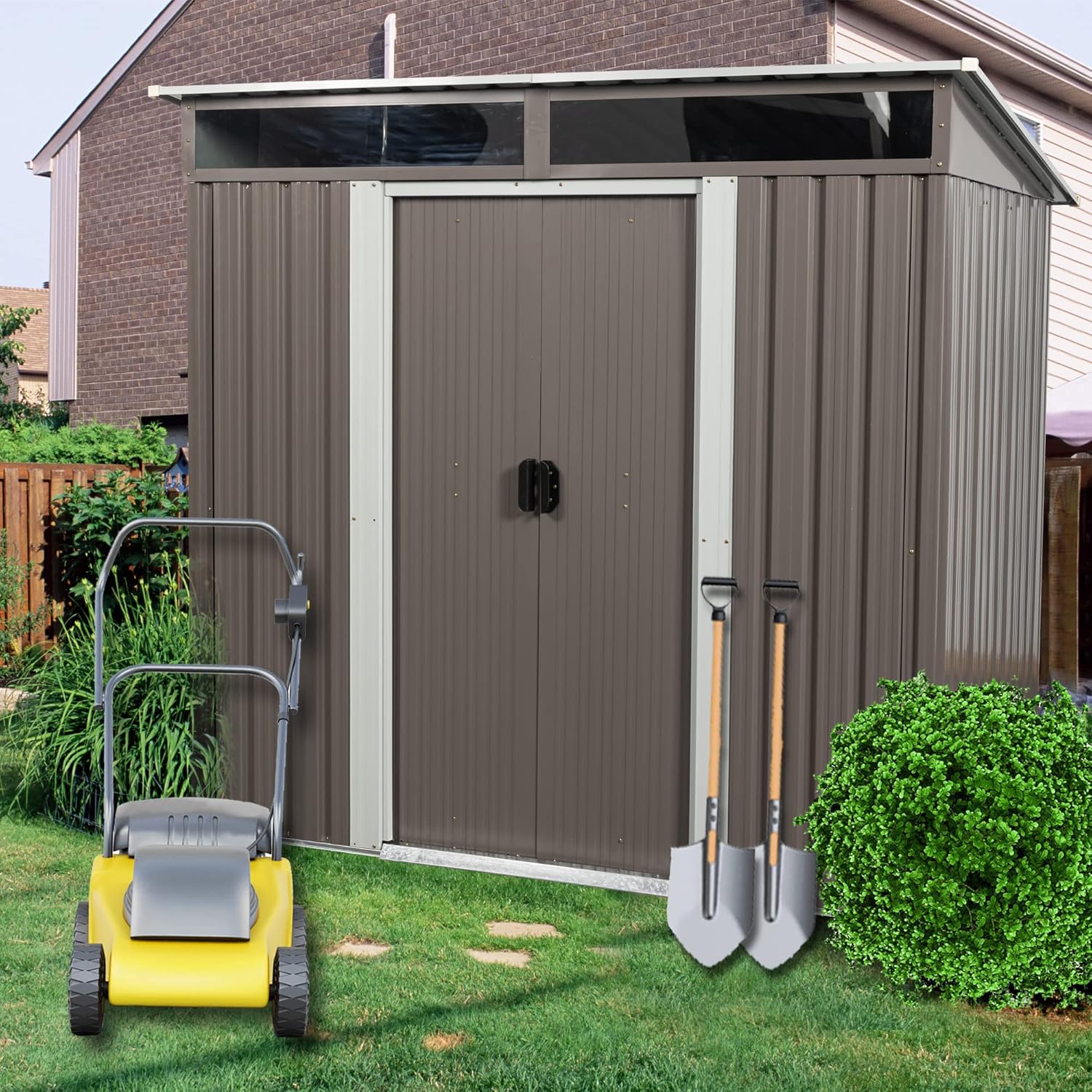 6.4 x 5ft Outdoor Storage Shed Storage Sheds Outdoor with Floor Frame & Lockable Doors,Metal Outdoor Storage Clearance for Backyard Patio Lawn (Gray)