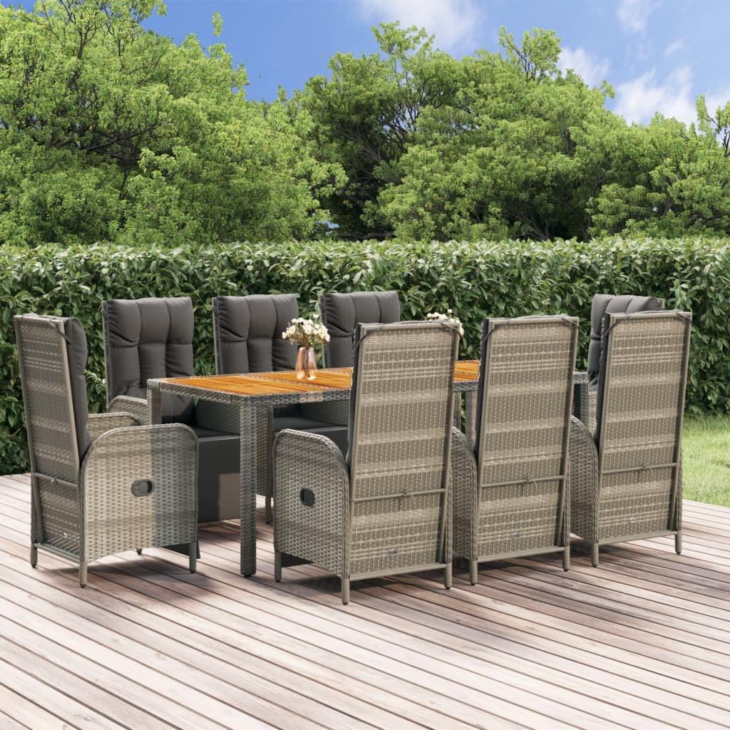 9 Piece Patio Dining Set with Cushions Gray Poly Rattan,Stylish Patio Dining Set with Reclining Chairs for Outdoor Relaxation and Dining Furniture Sets for Patio, Lawn & Garden