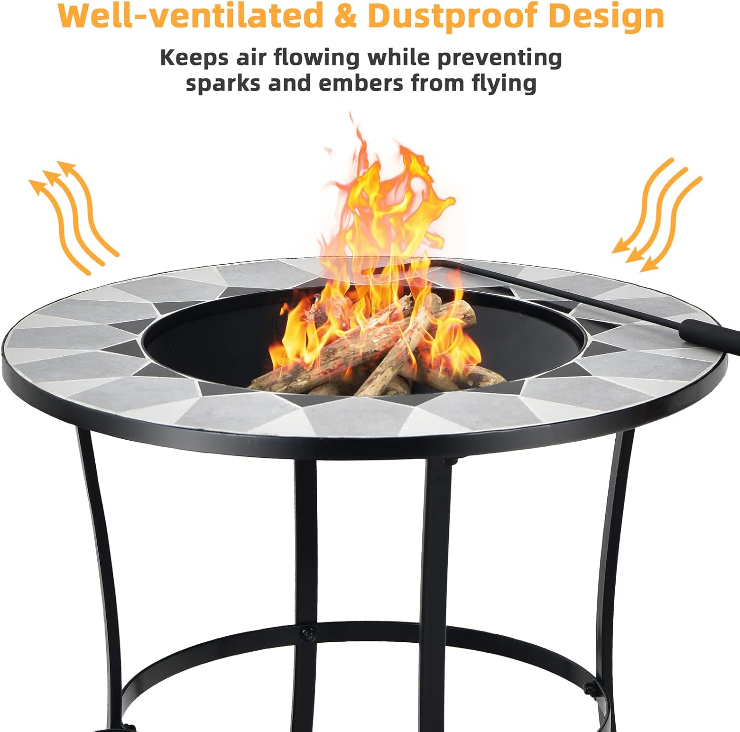 Tangkula Outdoor Fire Pit Table with Tile Tabletop, Small Round Steel Fire Bowl with Screen Cover, Fire Poker, Patio Wood Burning Fire Table for Camping, Bonfire & Outdoor Heating
