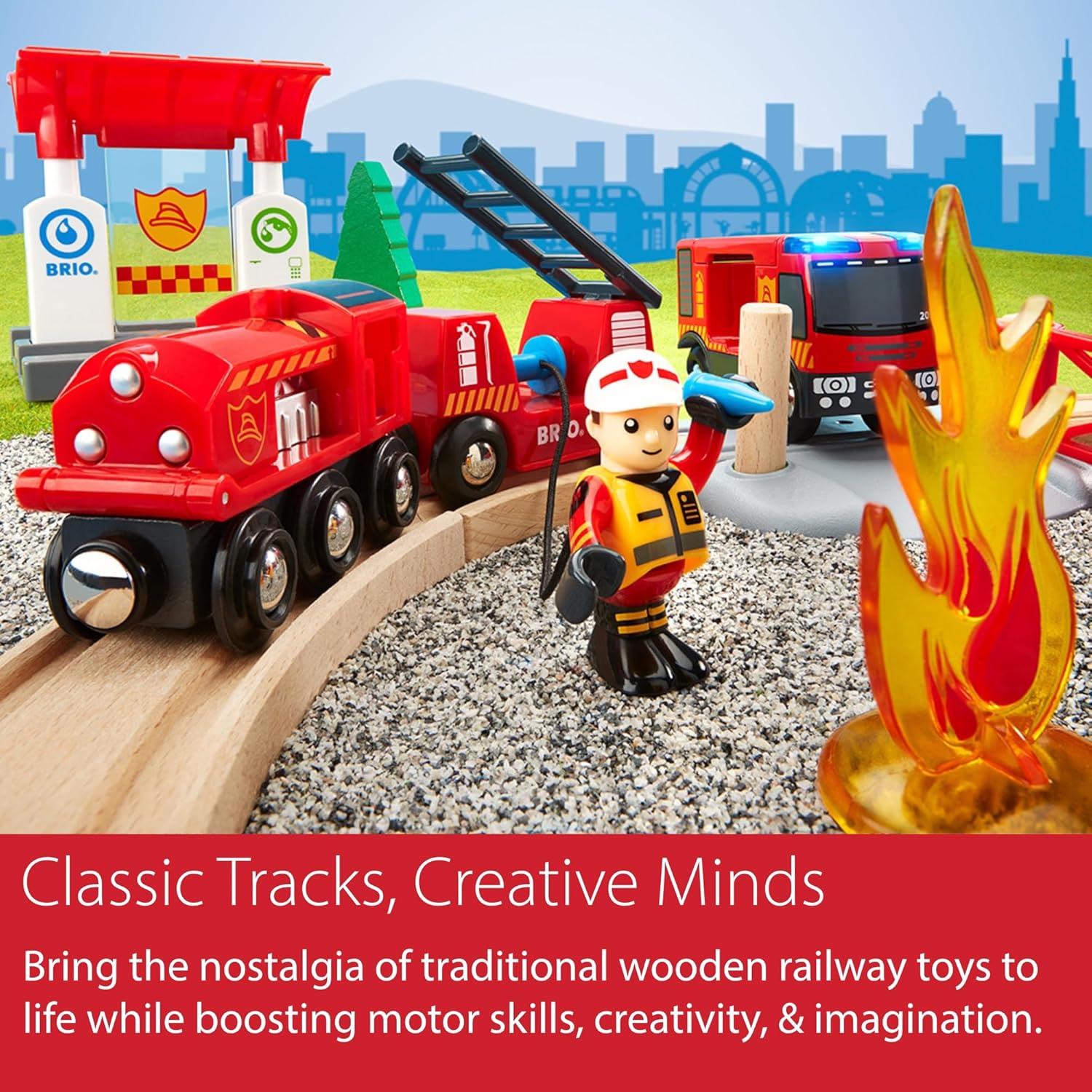BRIO World Rescue Firefighter Set - 18-Piece FSC-Certified Wood Train Set & Accessories - Fire Train Engine with Lights and Sound, Wooden Tracks & More - Works with All Wooden Train Sets - Ages 3 & Up