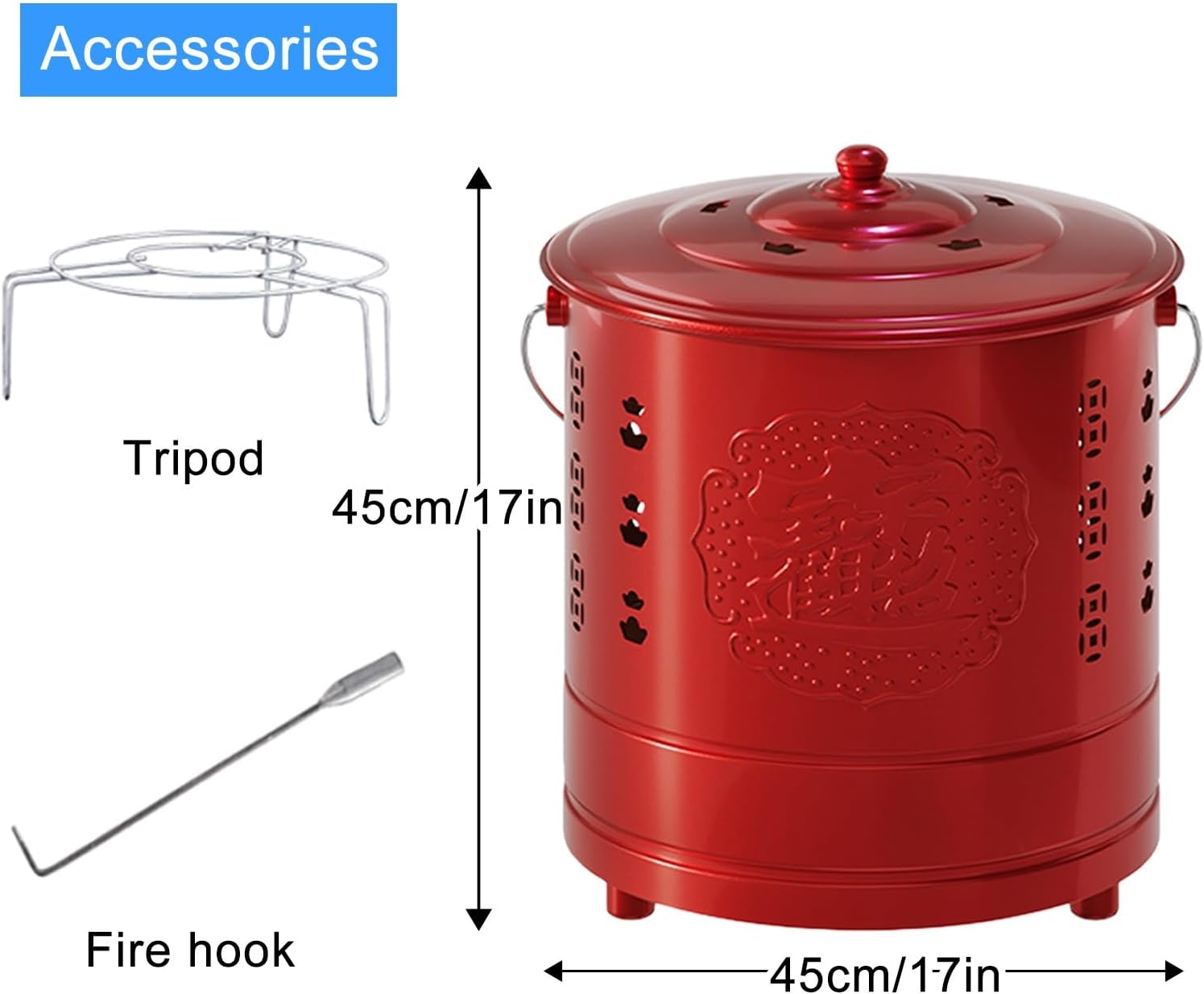 Burn Barrel, Metal Fire Pit, Paper Burner Outdoor Incinerator, Including Tripod, Fire Hook, for Wood Rubbish Leaves Cardboard(Red,45cm/17in)