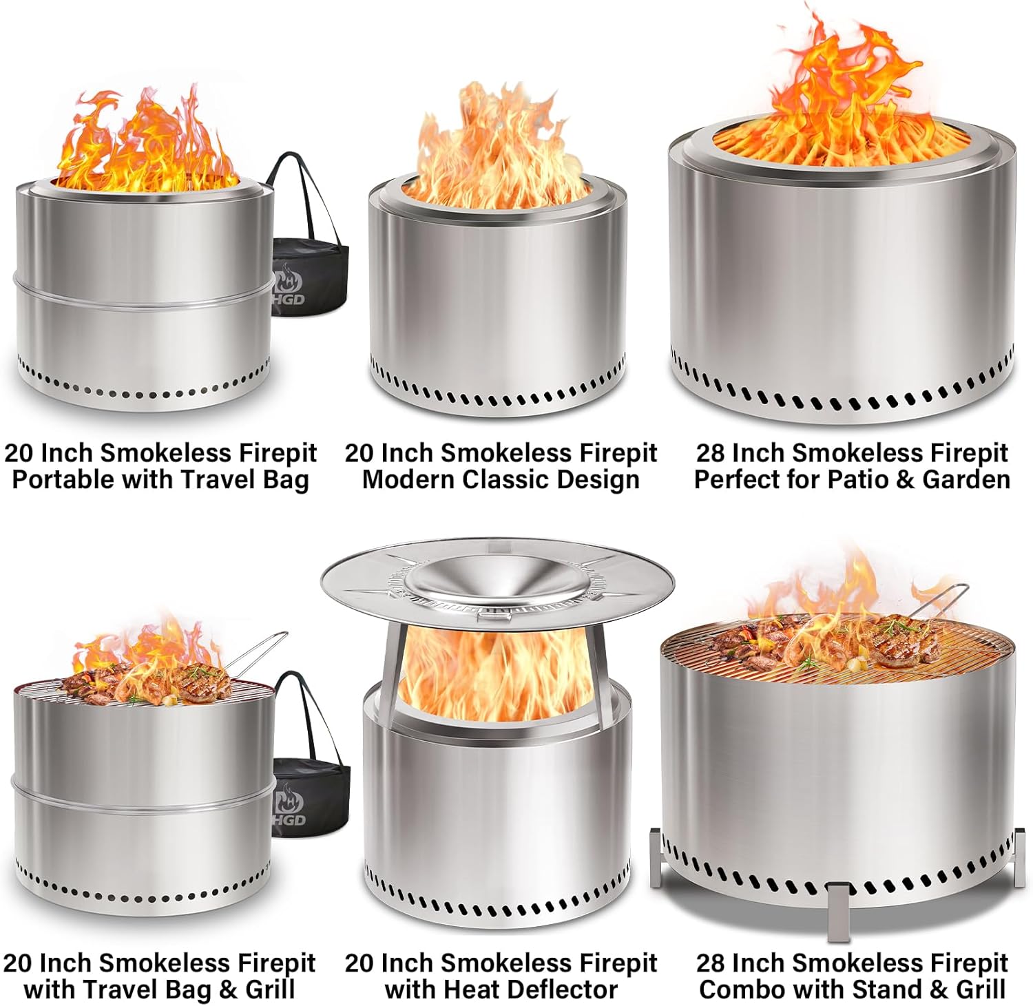 HGD 20 Inch Smokeless Patio Fire Pit, Outdoor Wood Burning Stove, Stainless Steel Firepit for Backyard, Patio, Garden, Picnic