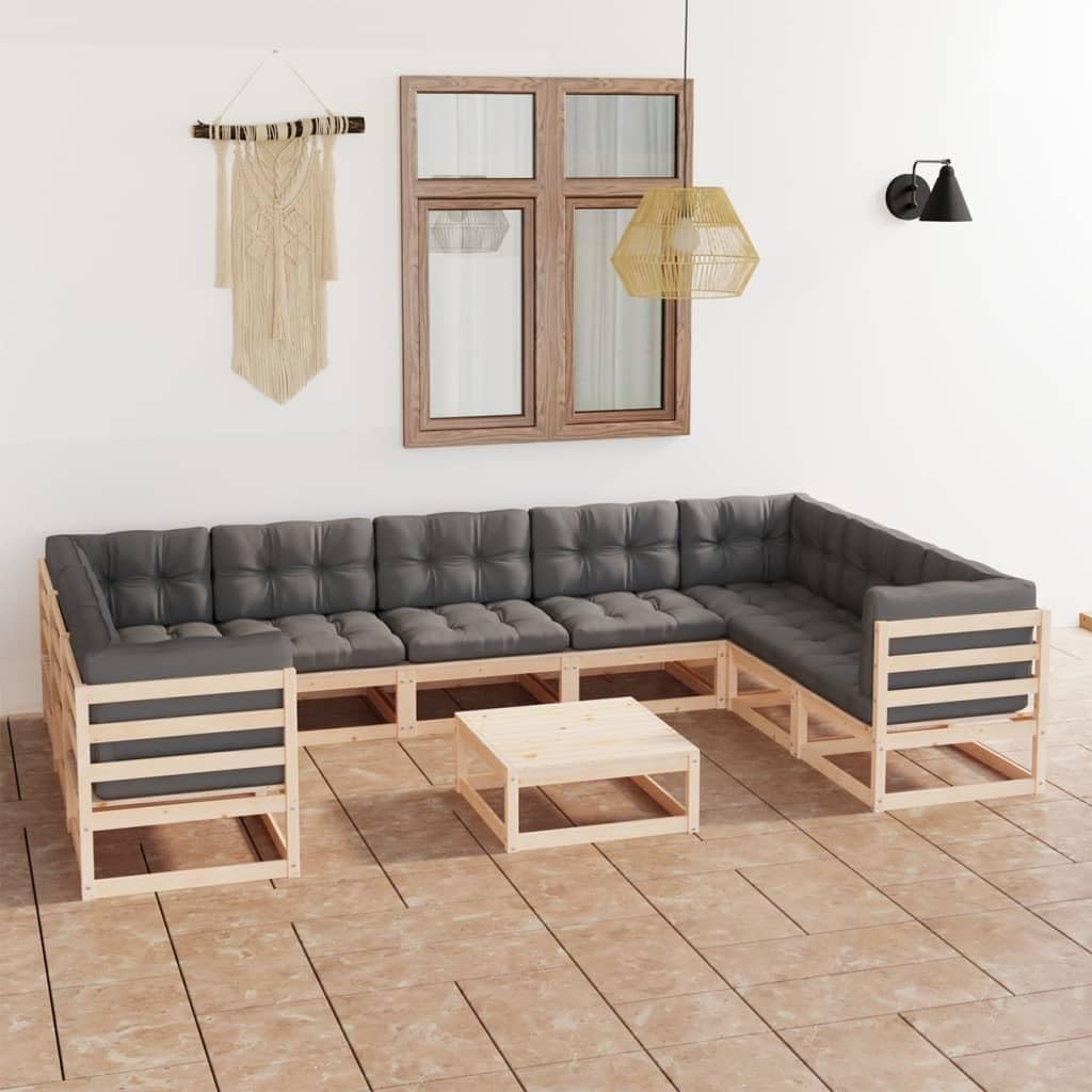 10 Piece Patio Lounge Set with Cushions Solid Wood Pine,Sturdy Pinewood Outdoor Patio Lounge Set with Gray Cushions for Relaxing and Entertaining Patio Furniture, Outdoor Furniture Sets