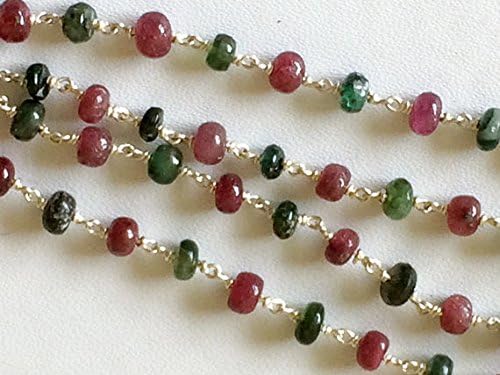 LKBEADS 5 Feet Emerald & Ruby Faceted Rondelle Beads in 925 Silver Wire Wrapped Rosary Style Chain Emerald Ruby Beaded Chain