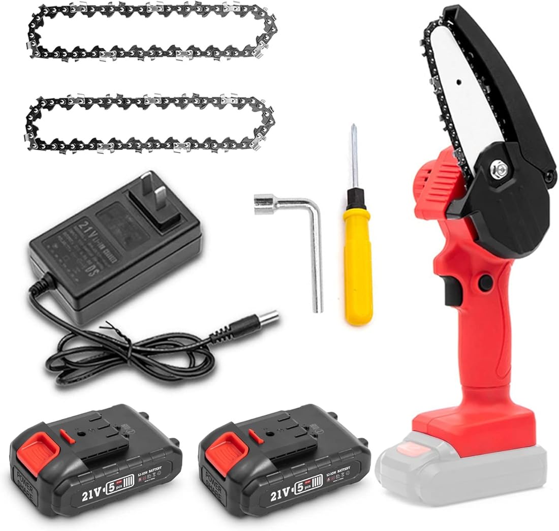 Mini Chainsaw Cordless, 4 Inch Battery Powered Chainsaw, Splash Guard & Switch Security Lock, 2 Pcs 24V Rechargeable Battery, Handheld Portable Electric chain saws for Wood Cutting, Tree Pruning