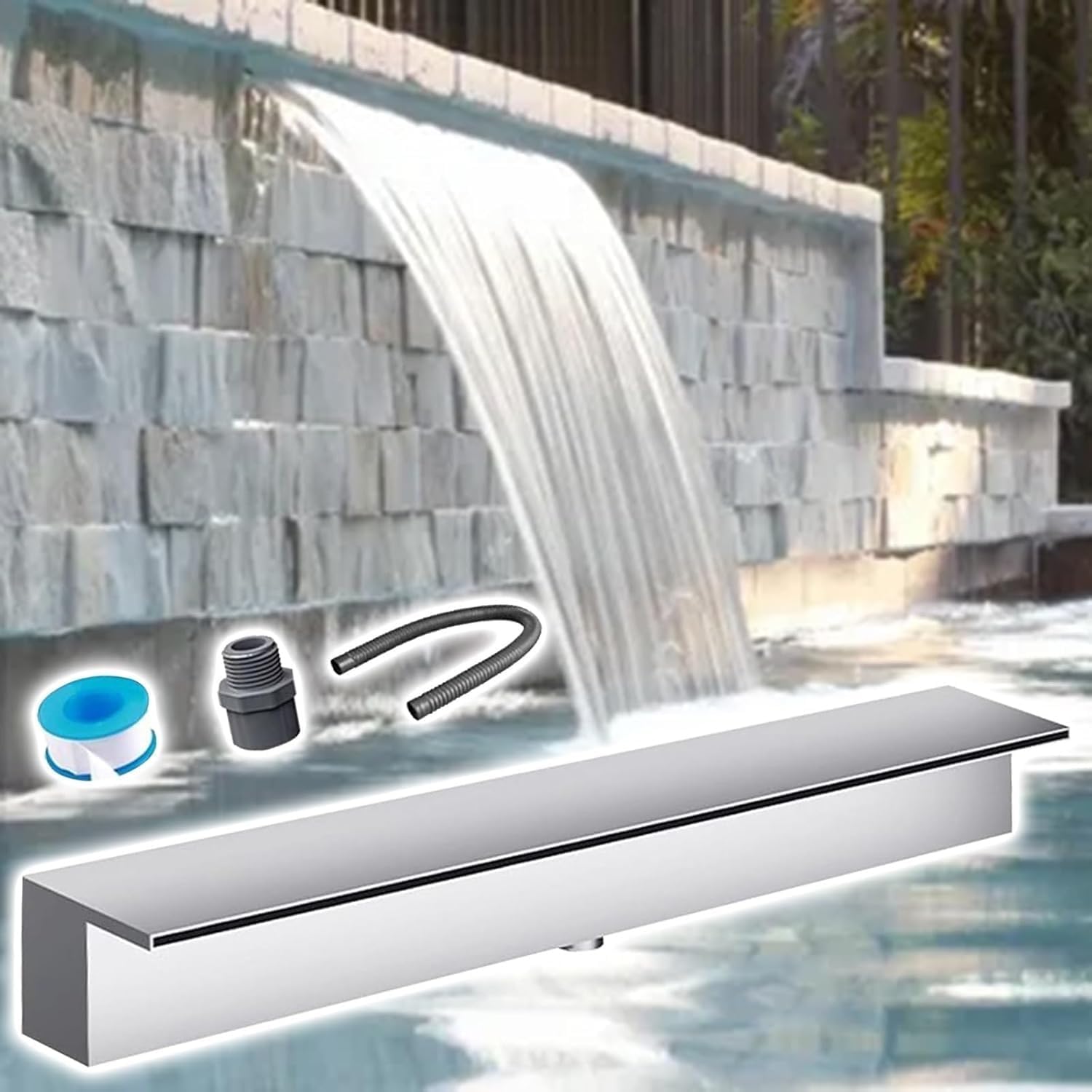 Household & Commercial Water Waterfall Weir, Customizable Stainless Steel Pool Fountain with Hose, for Garden/Ponds/Backyard(Silver,70in Water Outlet)