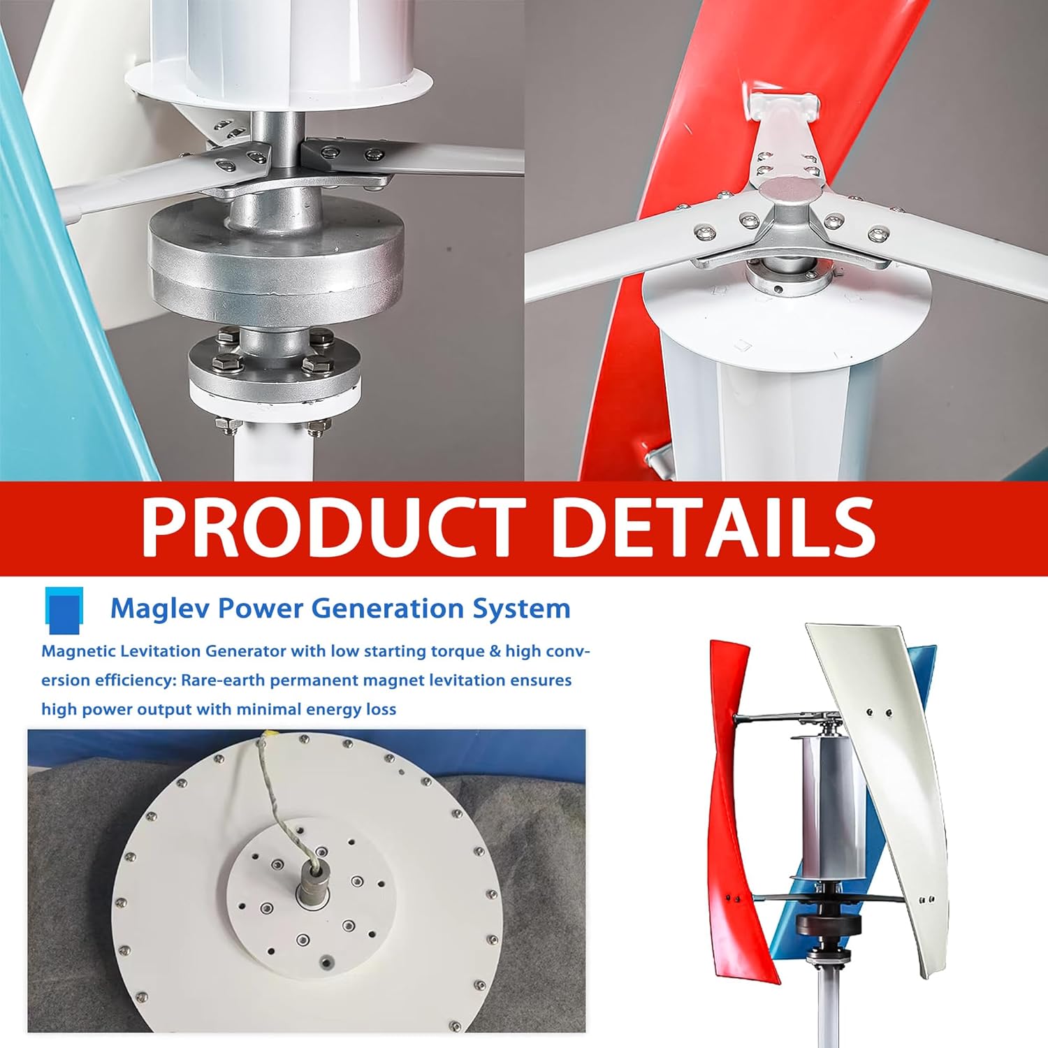 2000W 48V 24V 12V Vertical Axis Wind Turbine Generator, Low Wind Speed Startup & Quiet Operation, for Off-Grid Home, Farm, Boat, Marine, Street Lighting with Charge Controller & Flange 24v