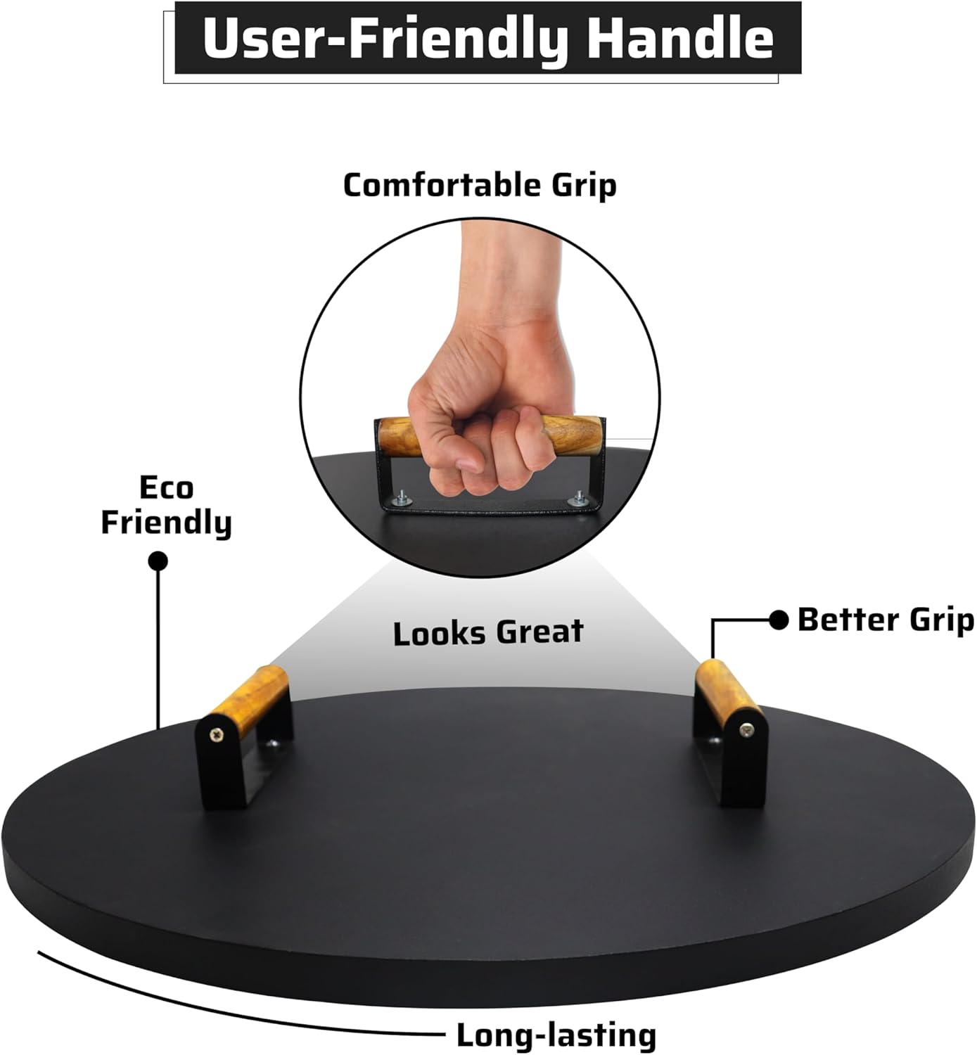 22” Round Fire Pit Lid – Heat Resistant fire pit cover round metal for Outdoor Fireplace 16 Gauge Steel Flat Fire Pit Burner Pan Cover with 2 Wooden Handles Snuffer Lid for Round Patio Fire Pit Ring