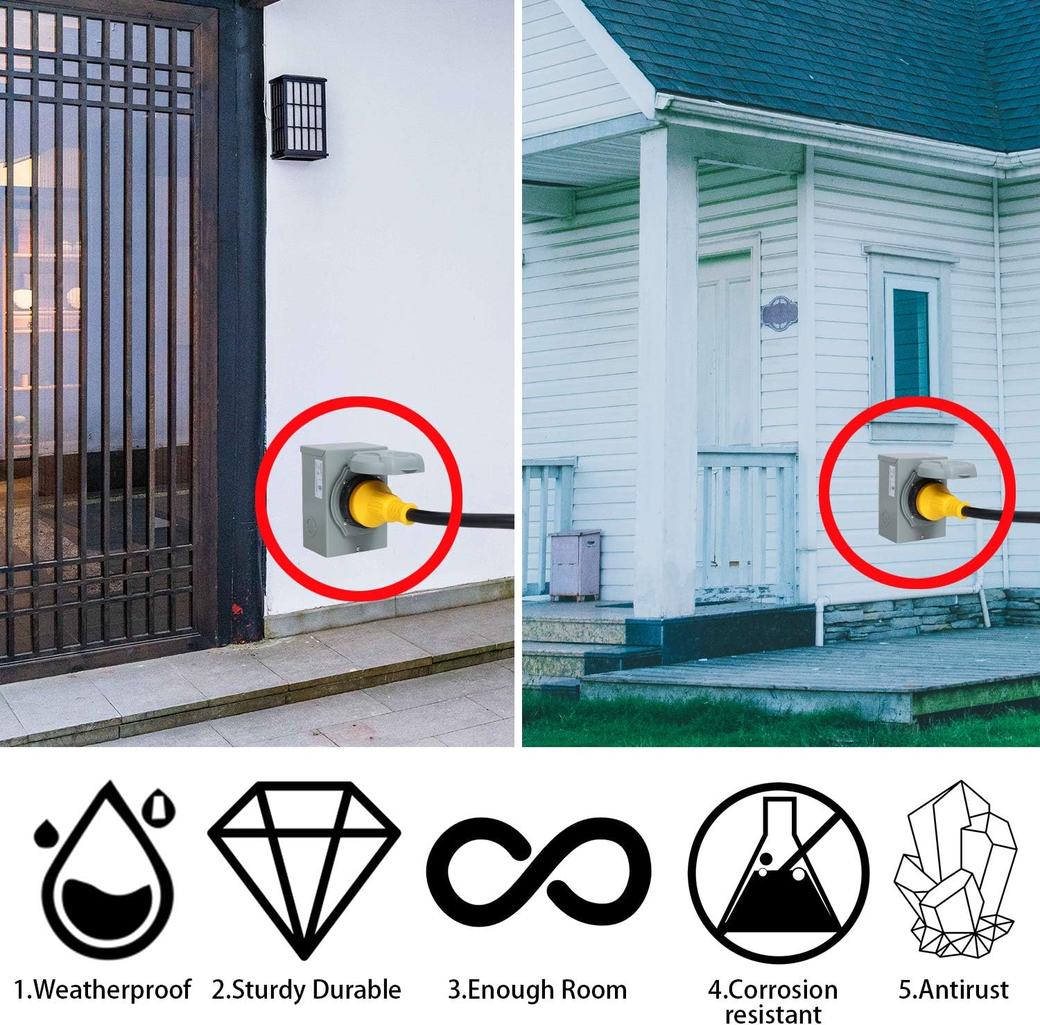 Genenic 30 Amp Generator Power Inlet Box,NEMA L5-30P,Generators Up to 3750W Running Watts,125 Volt for Outdoor Receptacle,Weatherproof,with Indicator Light,ETL Listed