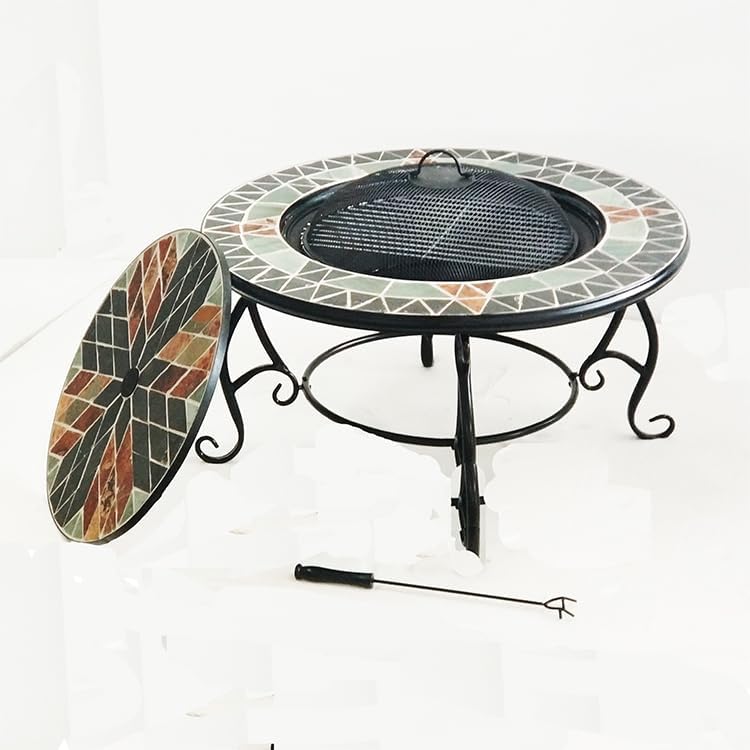 Outdoor Mosaic Fire Pit Table with Mesh Cover, Round 30-inch Patio Heater with Metal Stand, Decorative Tile Design, Includes Poker Tool Customized (Black)