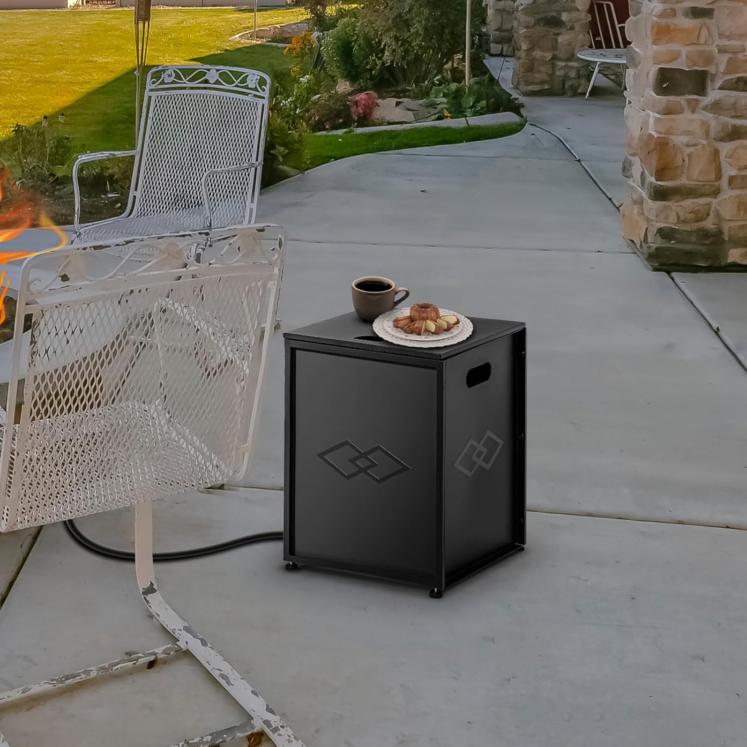 Propane Tank Cover Table, 16-inch Hideaway Table for Gas Fire Pits for 20 lbs Propane Tank Outdoor Gas Tank Storage Side Table for Gas Fire Pit Gas Grill Griddle Propane Stoves, (Black)