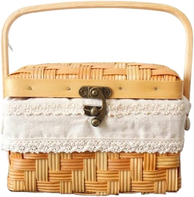 Rustic Picnic Basket, Handmade Rattan Woven Flower Basket Vegetable Fruit Cosmetic Picnic Wicker Basket Sundries Storage Basket for Outdoor Camping, Brown