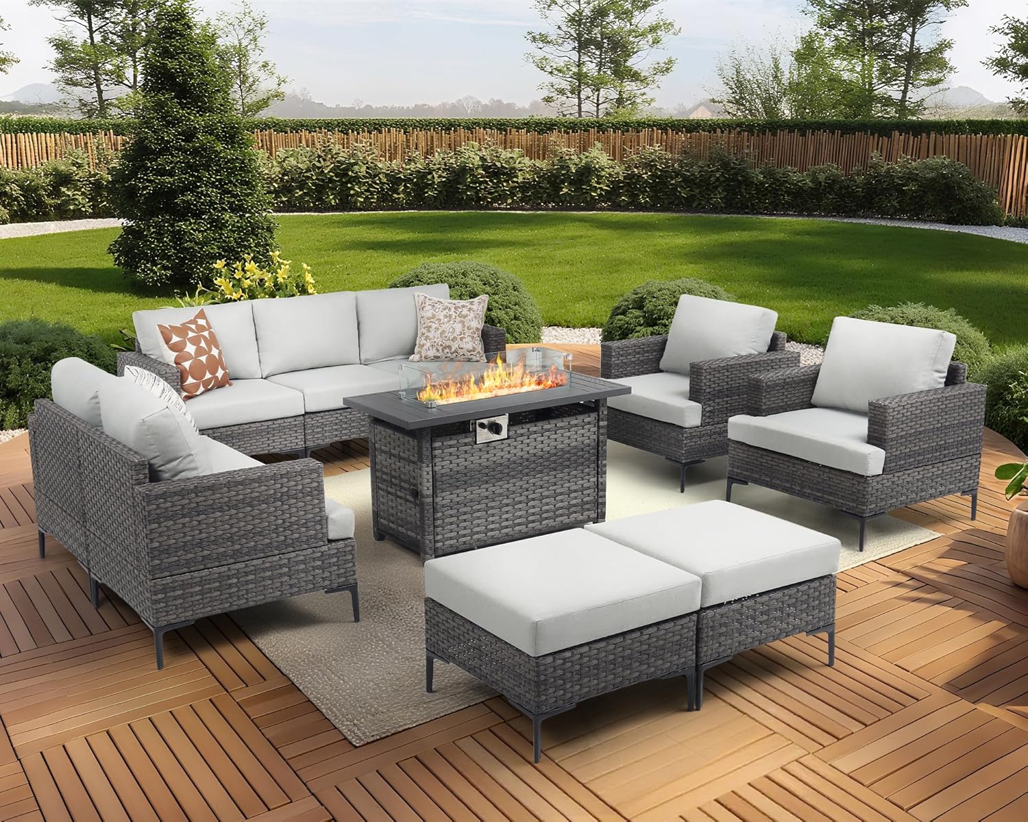 7 PCS Patio Furniture Set 60000BTU 44-Inch Outdoor Propane Fire Pit Table Wicker Outdoor Sectional Coversation Set, Thick Cushion & Deep Seat, Outdoor Furniture Sets for Porch,Backyard,Deck (Grey)