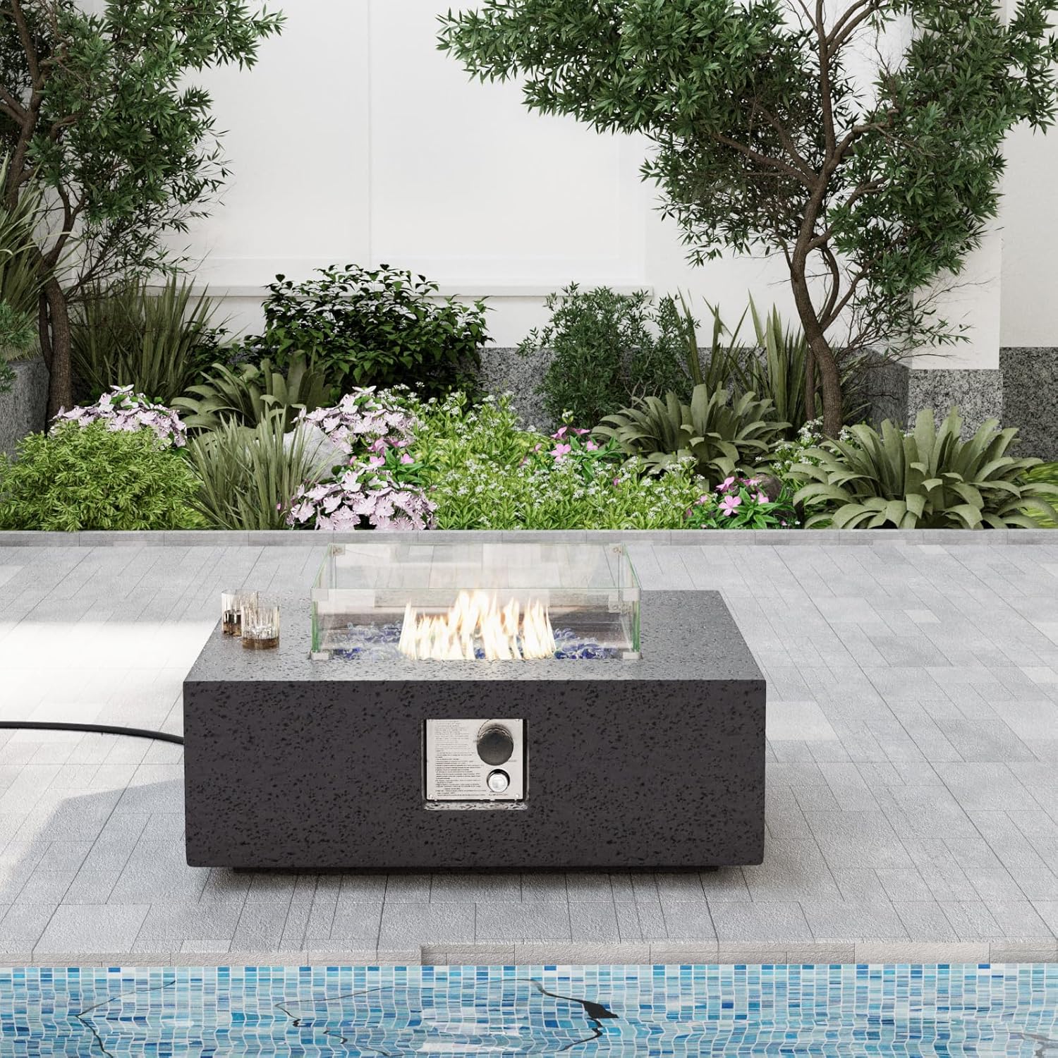 SUNBURY Outdoor Travertine Fire Pit Table, Burning Fire Pit, 35 inch Square Patio Fire Table 50,000 BTU FirePit for Outside with Waterproof Cover and Glass Stones, Light Gray