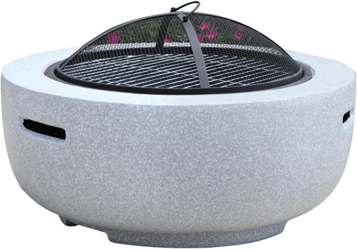 Outdoor Fire Pit Garden Terrace Imitation Stone BBQ Table, Outdoor Wood Burning Fire Bowl with Sparkle Screen Cover and Poker, Outdoor Fireplace