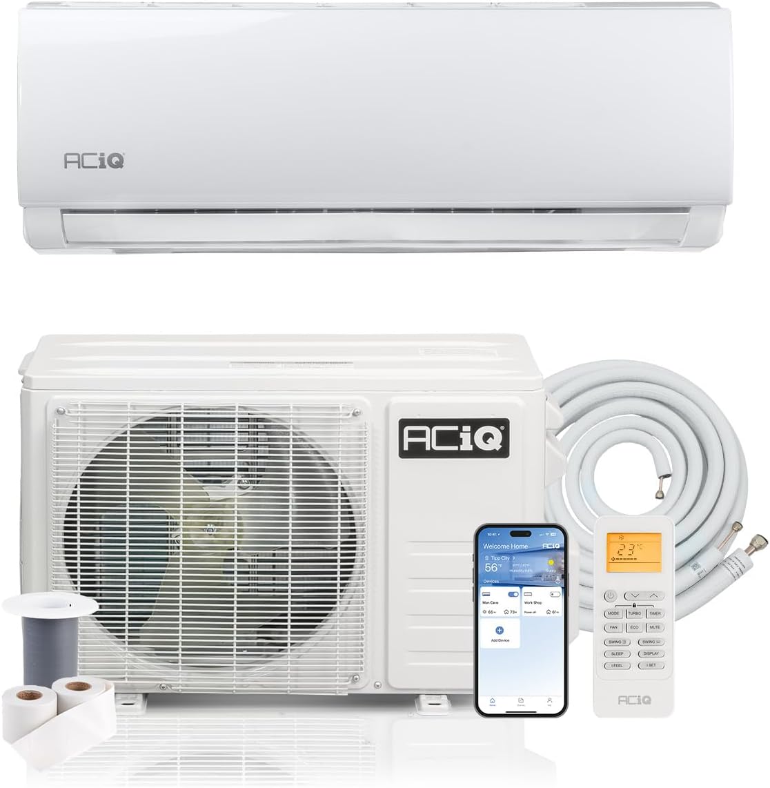 ACiQ 20 SEER2 Essentials 9000 BTU Comfortable Inverter Mini Split AC/Heating System, 0.75 Ton White Wall Mount Ductless Heat Pump AC Unit, with 16ft Installation Kit | WiFi Control, 208/230V, R454B