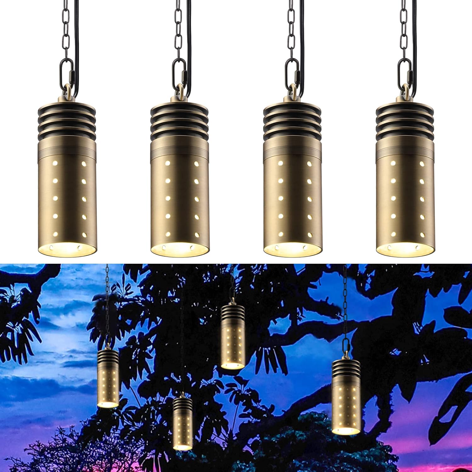 LEONLITE Low Voltage Hanging Lights Outdoor, LED Landscape Pendant Lights, UL Listed, 12V Hanging Tree Light for Gazebo, Pergola, Garden, Aluminum, IP65, 2700K Soft White, Brass Bronze, Pack of 4