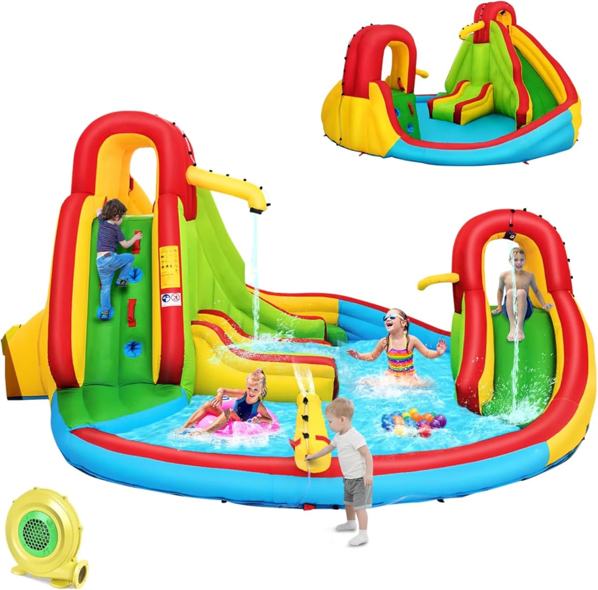 HONEY JOY Inflatable Water Slide, 7 in 1 Bouncy Inflatable Water Park w/Two Slides, Climbing Wall & Splash Pool, Hose, Water Cannons, Indoor Outdoor Blow Up Waterslides for Backyard(with 480w Blower)
