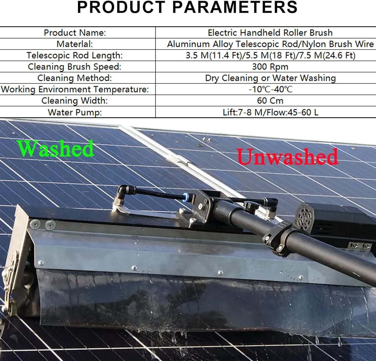 Roof Solar PV Panel Washing Brush 7.5 m (24.6 ft)- 60 cm Cleaning Width,for Cleaning Stubborn Bird Droppings,Oil Stains,Dust