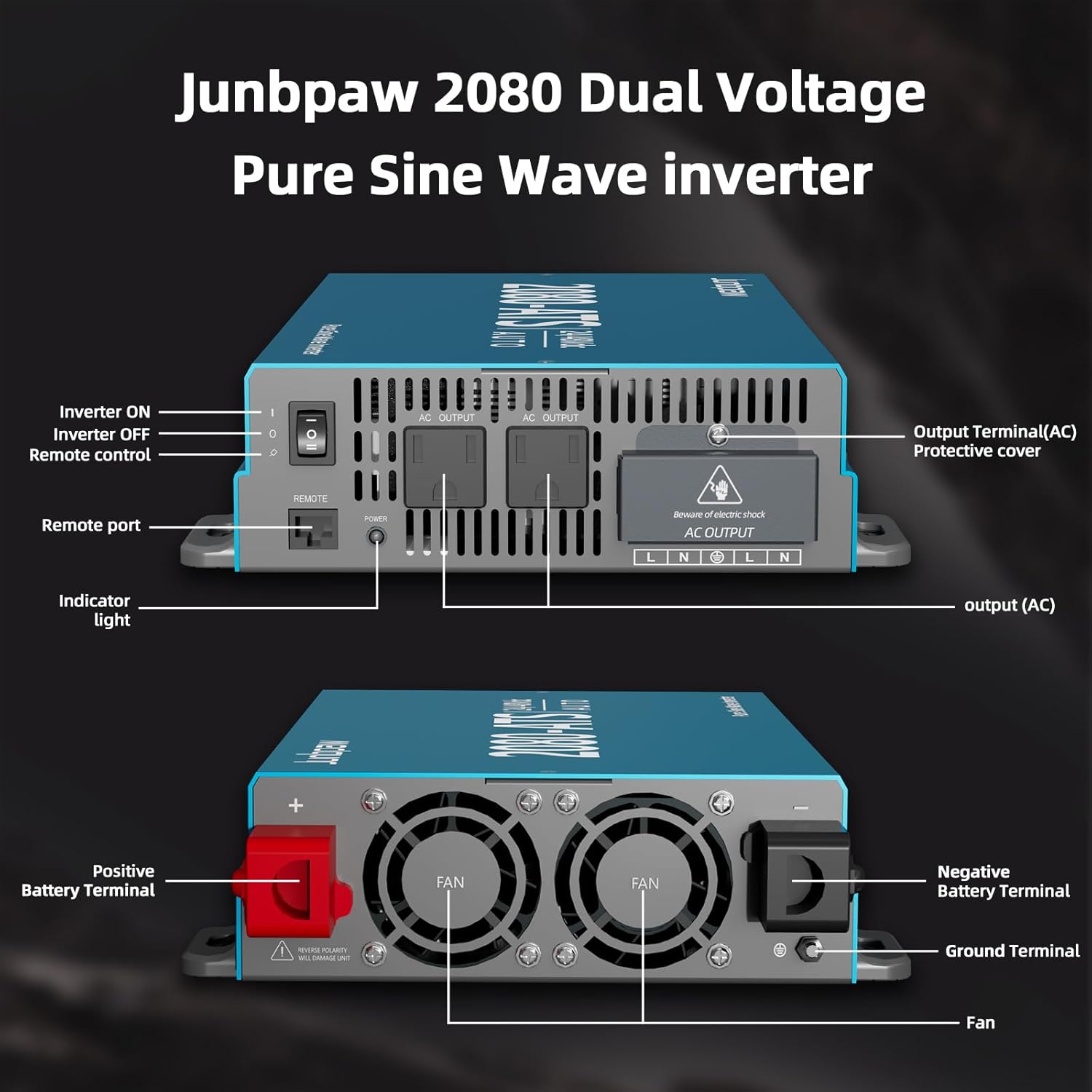 2080W Pure Sine Wave Inverter with Auto Transfer Switch ATS, Dual Voltage Power Inverter 24V/48V to 120V for RV, Truck Off-Grid, Camping, Home Emergency Backup (Blue)