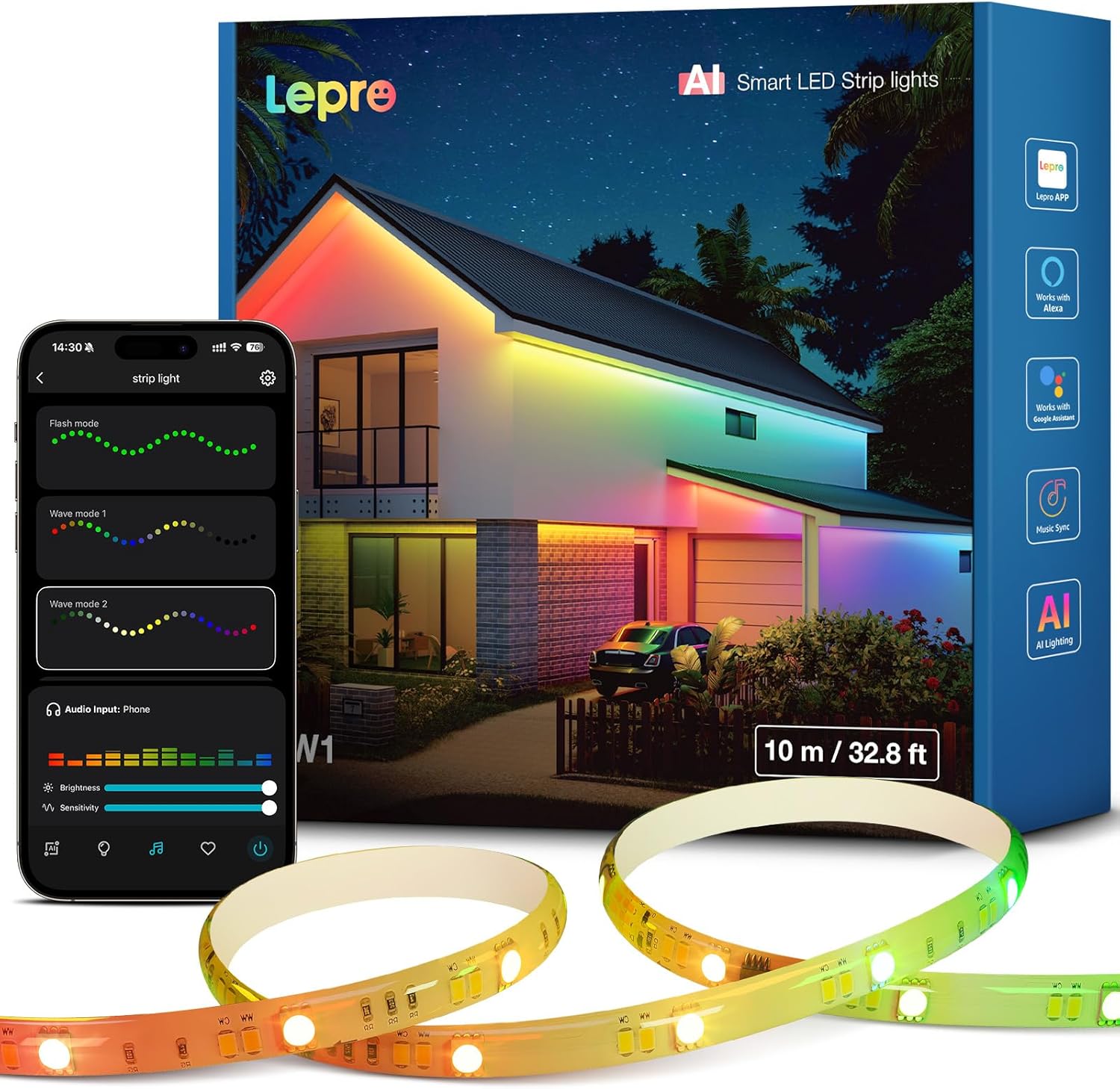 Lepro SW1 AI Smart Outdoor LED Strip Lights - 32.8ft IP65 Waterproof RGBCW Light Strips, 2700K-5700K Tunable Warm White, APP Control(No Remote), 2.4G Wi-Fi Lights for Holiday Decor, House, Porch, Eave