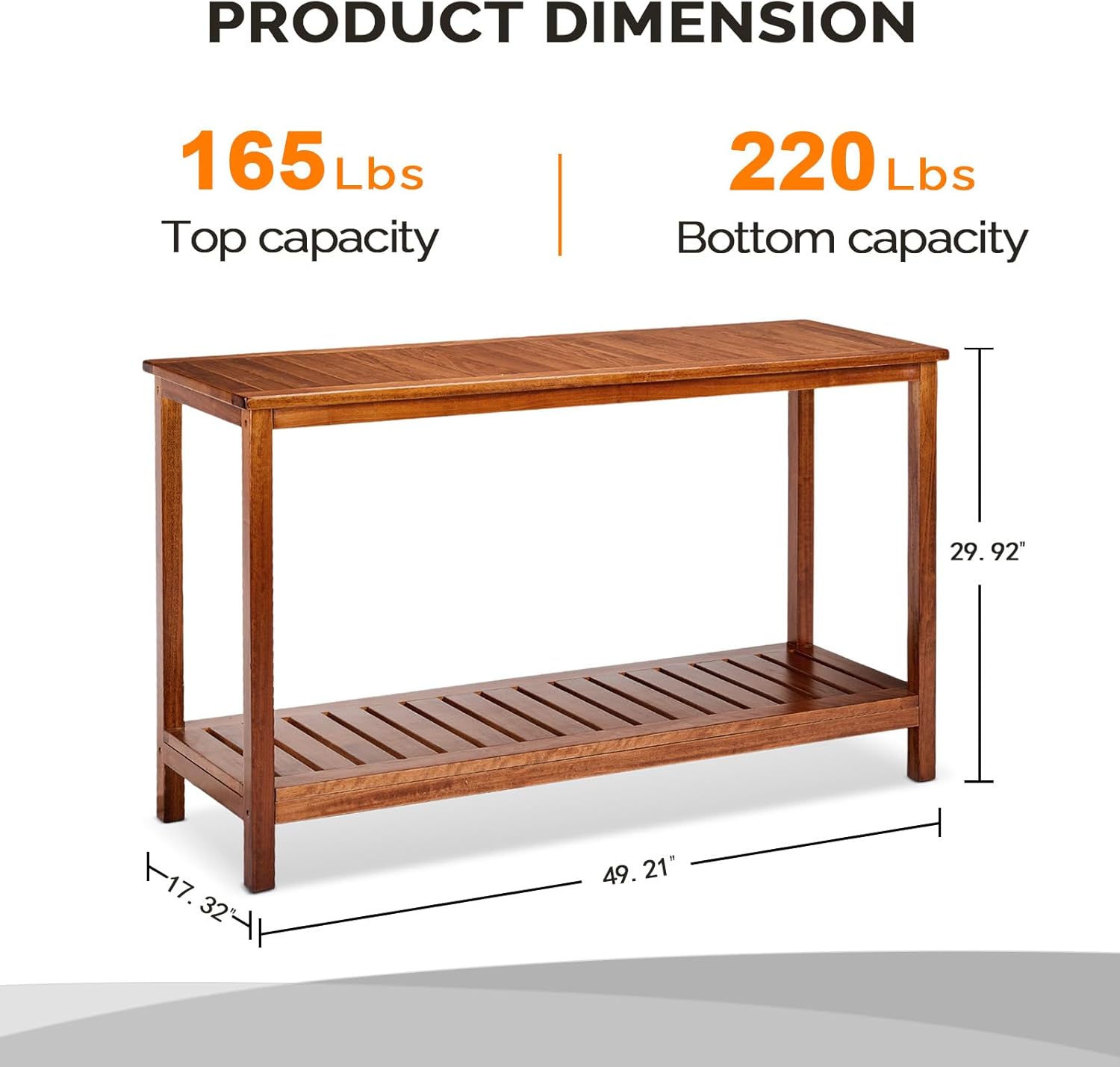 VINGLI 49in Solid Wood Outdoor Console Table, 2-Shelf Wooden Outdoor Accent Plant Table Multifunctional Buffet Bar Storage Organizer for Indoor Patio Porch and Entryway (Natural)