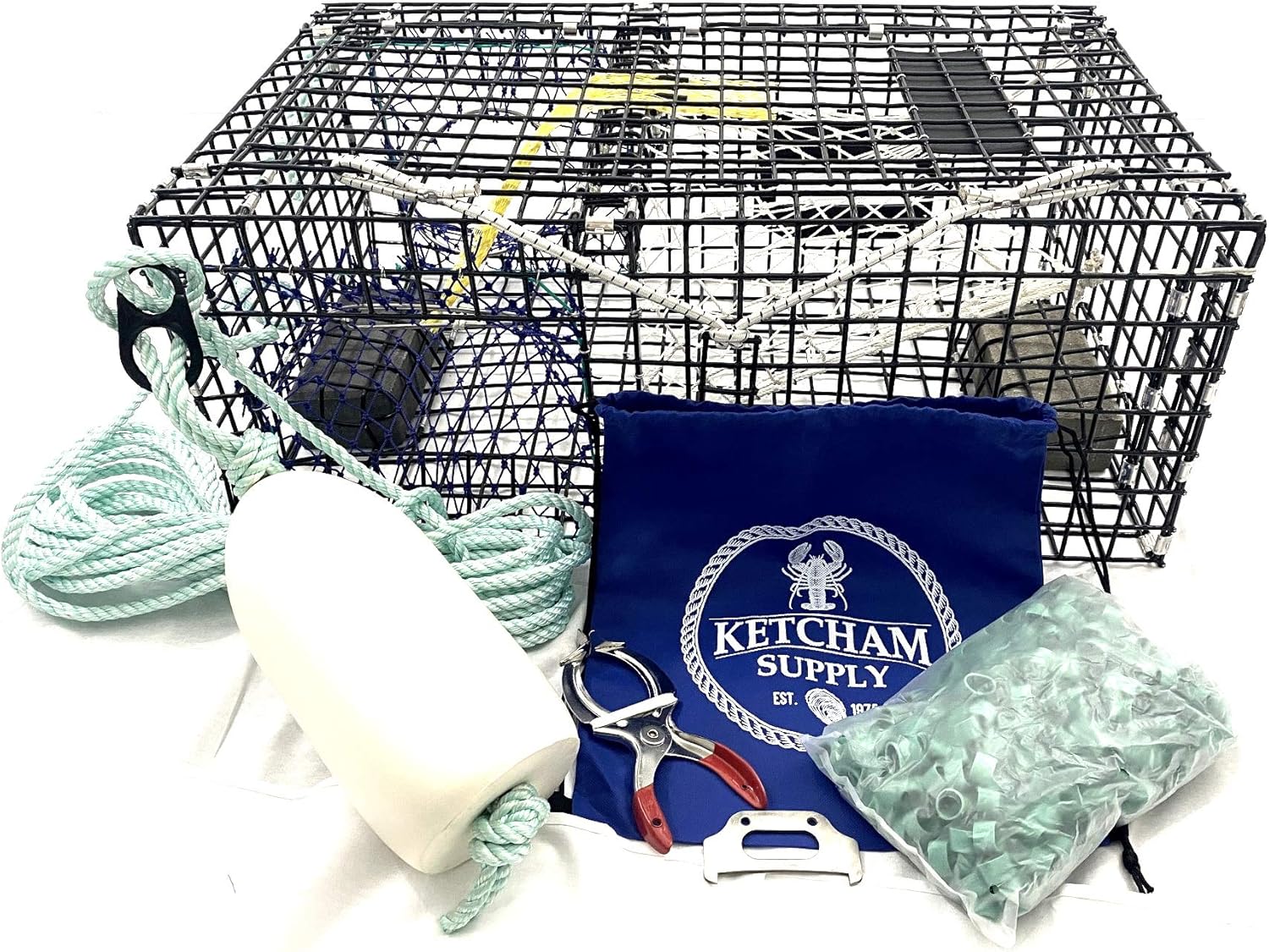Ketcham Supply Lobster Trap with Rope, Buoy, Bait Bag, Claw Bander, Bands, Lobster Measuring Gauge and Weak Link