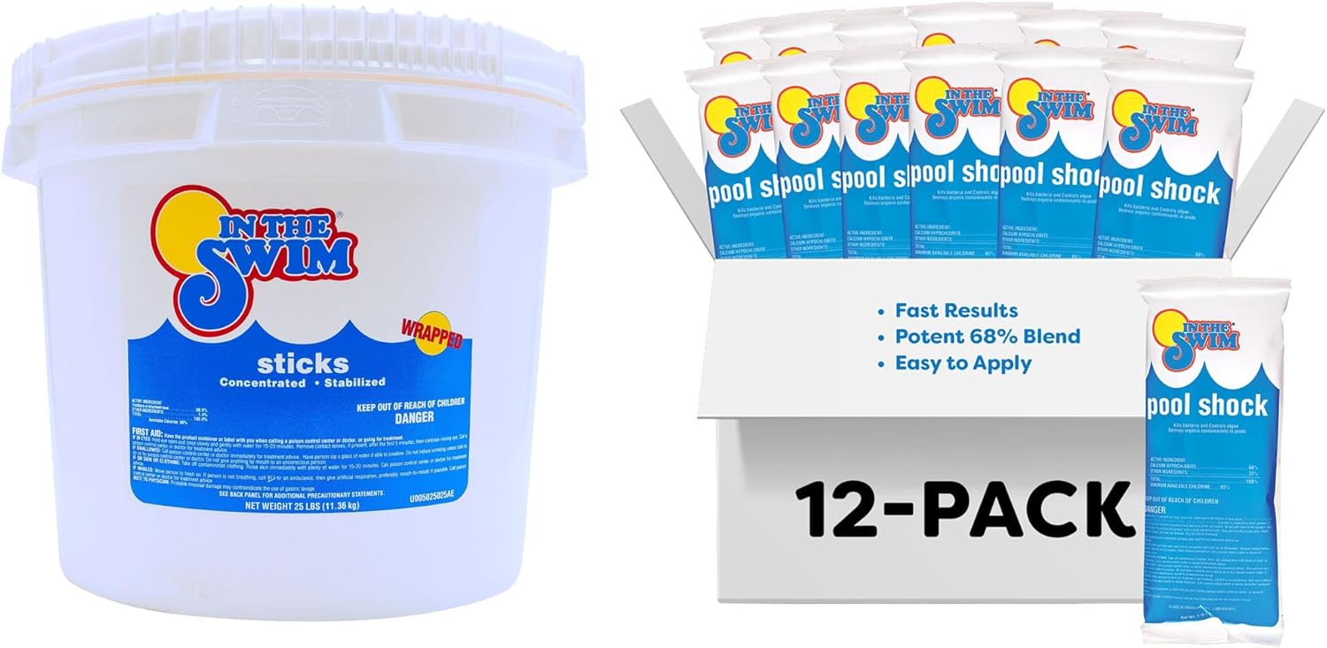 In The Swim Chlorine and Shock Bundle for Sanitizing Swimming Pools – Includes 25 Pound Bucket of 4-Inch Chlorine Sticks and 12 x 1 Pound Bags of 68% Cal-Hypo Pool Shock