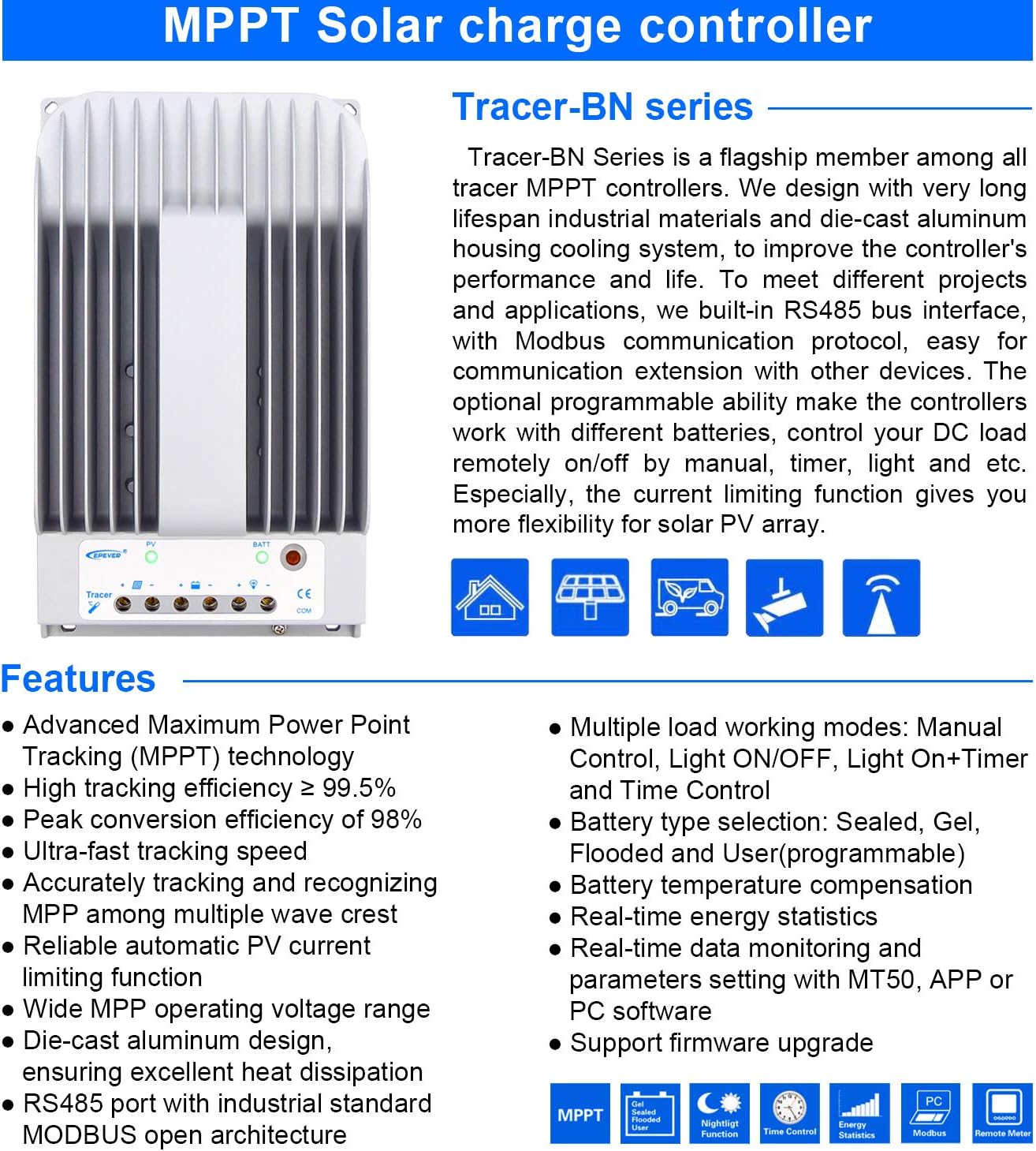 EPEVER MPPT Solar Charge Controller 40A 12V/24V Max PV 150V Negative Ground Solar Panel Regulator + MT50 Remote Meter + Temperature Sensor Cable (Tracer4215BN+MT50+RTS)