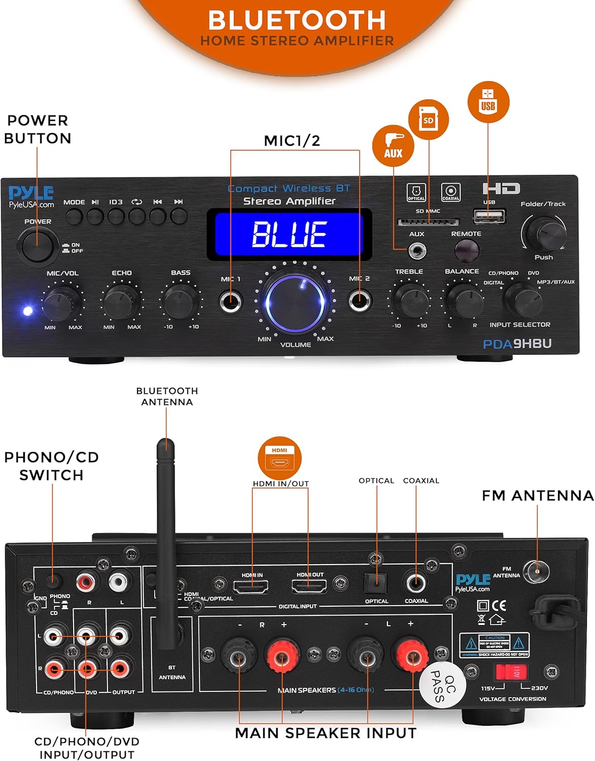 Pyle Wireless Bluetooth Home Stereo Amplifier - Multi-Channel 200 Watt Power Amplifier Home Audio Receiver System w/HDMI, Optical/Phono/Coaxial, FM Radio, USB/SD, AUX, RCA, Mic - Remote -PDA9HBU.5