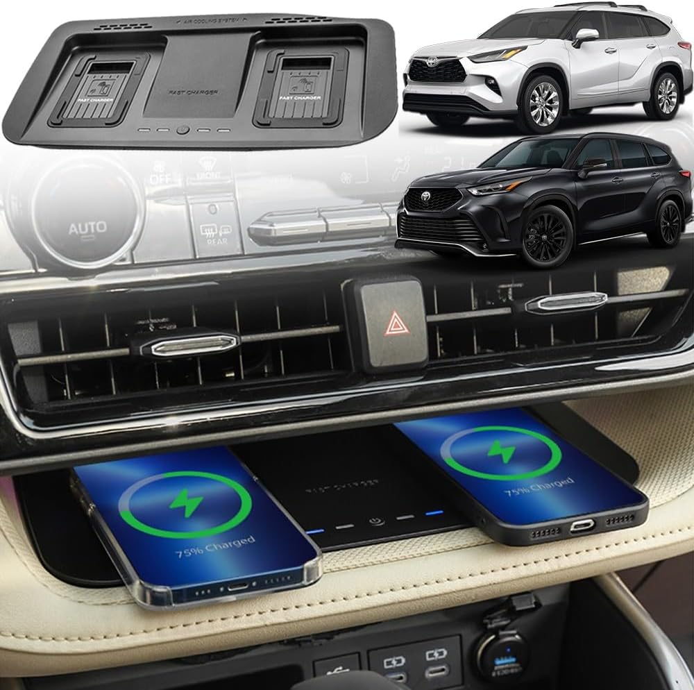 2023 Upgrades Wireless Car Charger for Toyota Highlander Accessories 2023 2022 2021 2020, OEM Style Phone Dual Charging Pad for Toyota Highlander L/LE/XLE/XSE/Limited/Platinum Car Interior