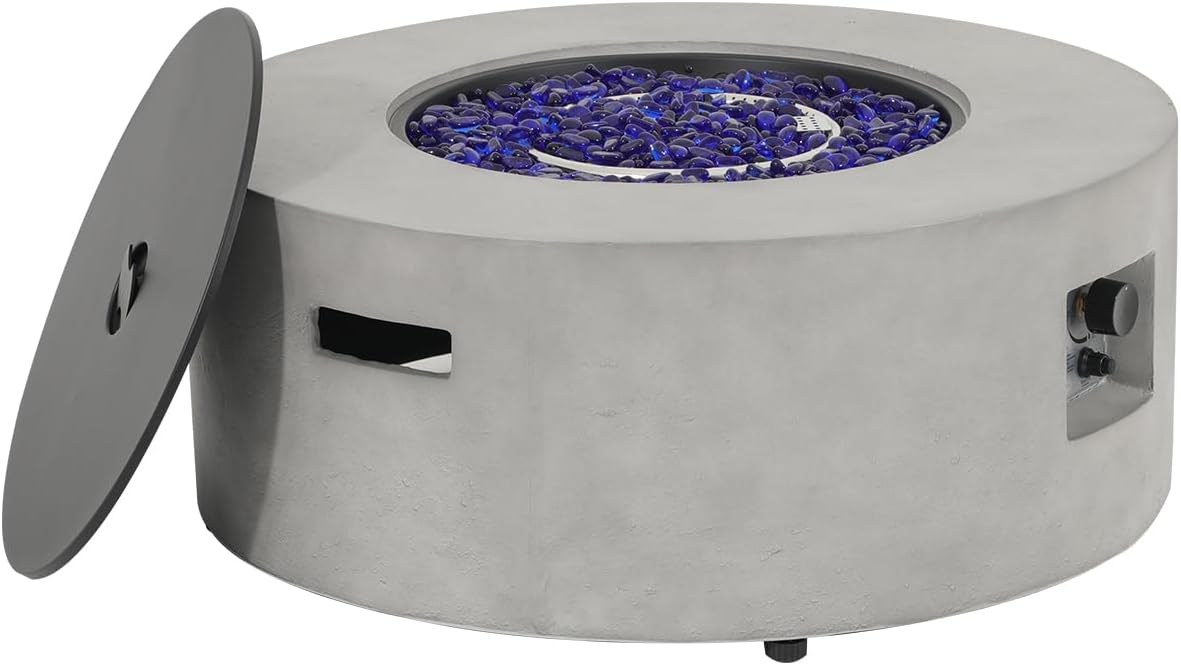 SUNSITT Outdoor 36’’ Propane Fire Pit Table 50,000 BTU Round Patio Propane Firepit Table, Pit Cover, Metal Lid & Fire Glass, Grey Finish