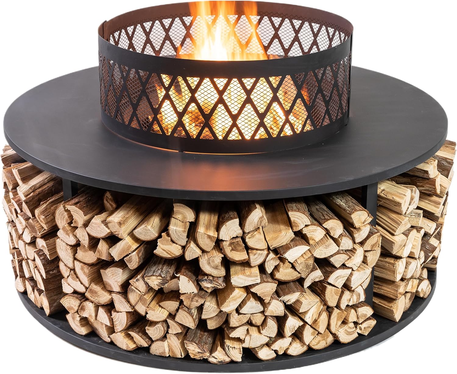 38 Inch Outdoor Fire Pit with Log Storage - Durable Construction, Rust Resistant, Removable Fire Grill and Fire Pan and Includes Fire Hook