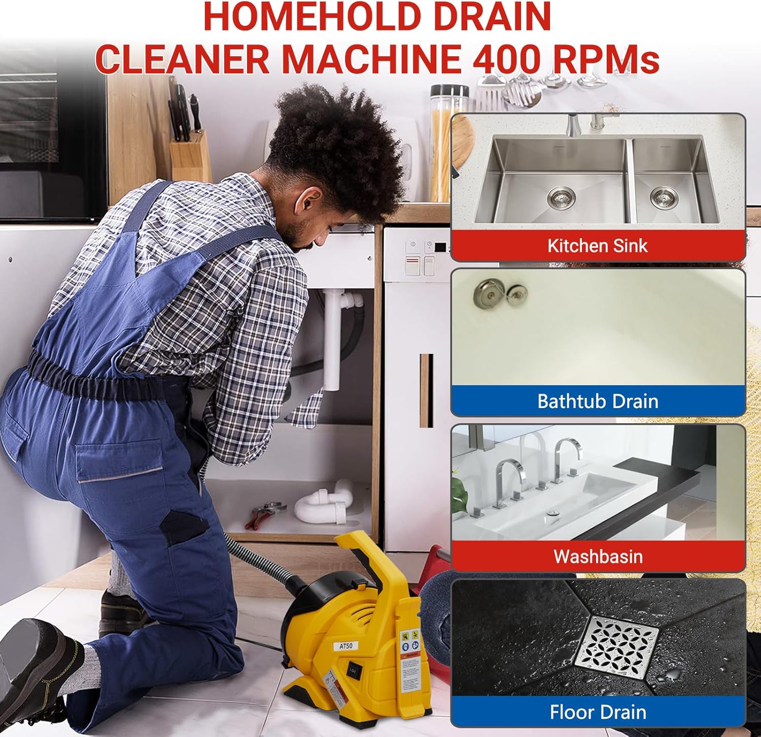 30Ft Electric Drain Cleaner Machine with Auto-Feed & Foot Switch, for 3/4In-2In Pipes - Piano Wire Sewer Snake for Sinks, Toilets, Floor Drains