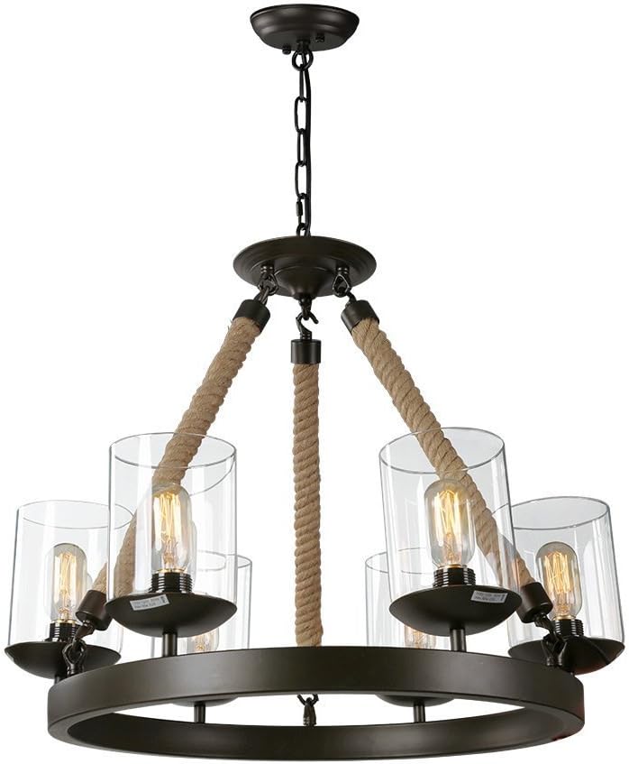 LNC Farmhouse Chandelier, Round Wagon Wheel 6-Light Fixture with Clear Glass Shades for Dining Room, Living Room, Bedroom, Kitchen Island and Foyer