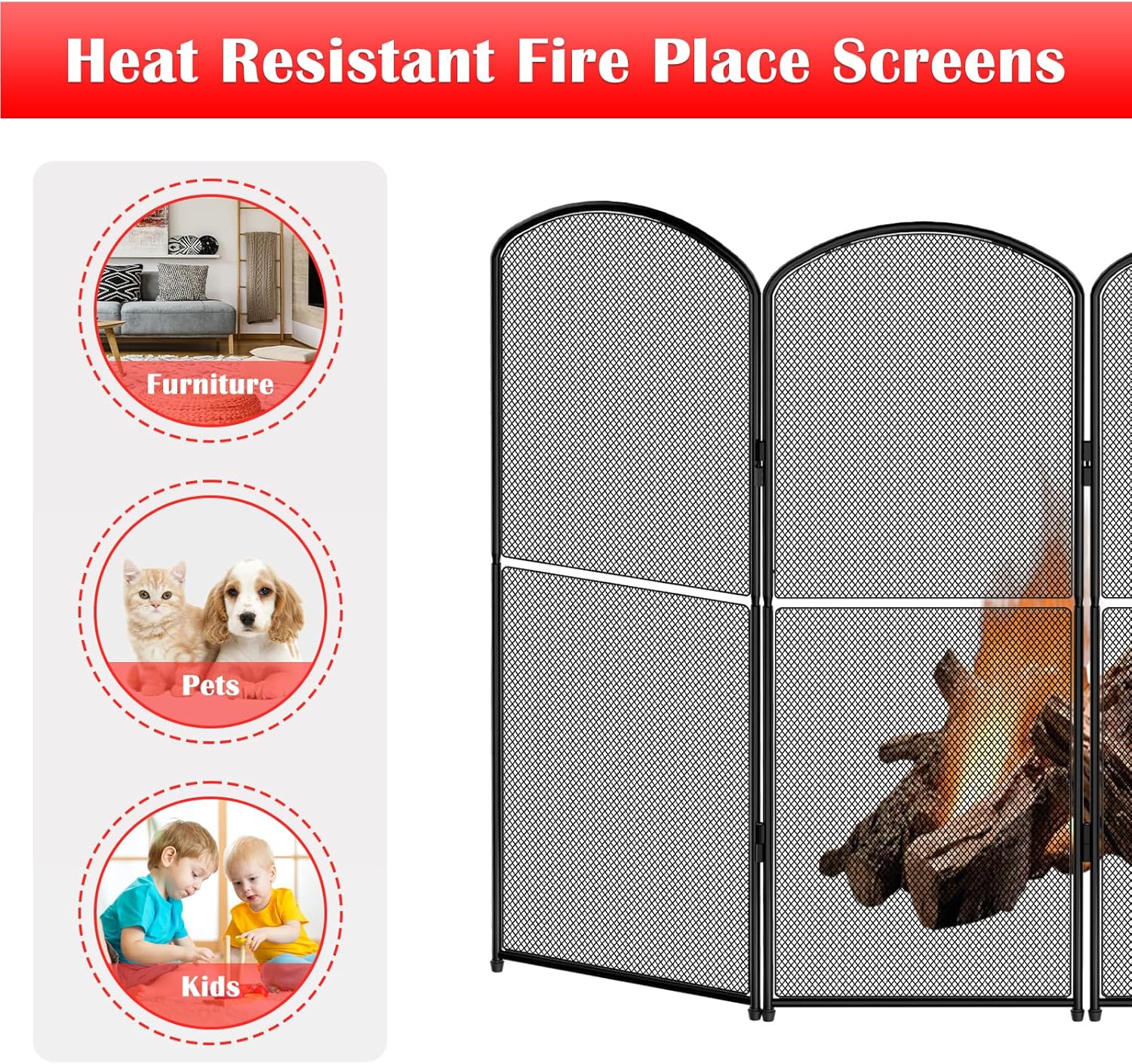Black Fire Spark Guard Cover Decorative 4 Panel Foldable Fireplace Screen Stand for Home Indoor Fireplace - Protective Cover Guard for Fire Safety ()