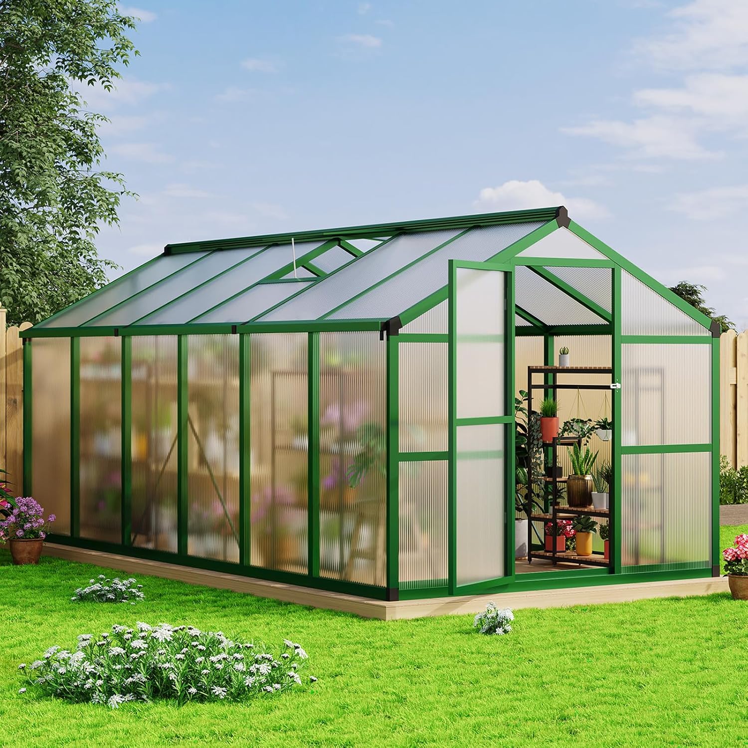 8x12 FT Greenhouse - Large Aluminum Greenhouses for Outdoors, Heavy Duty Polycarbonate Greenhouse with Roof Vent&Ground Nails, Walk-in Green Houses for Garden, Backyard, Patio, Easy Assembly