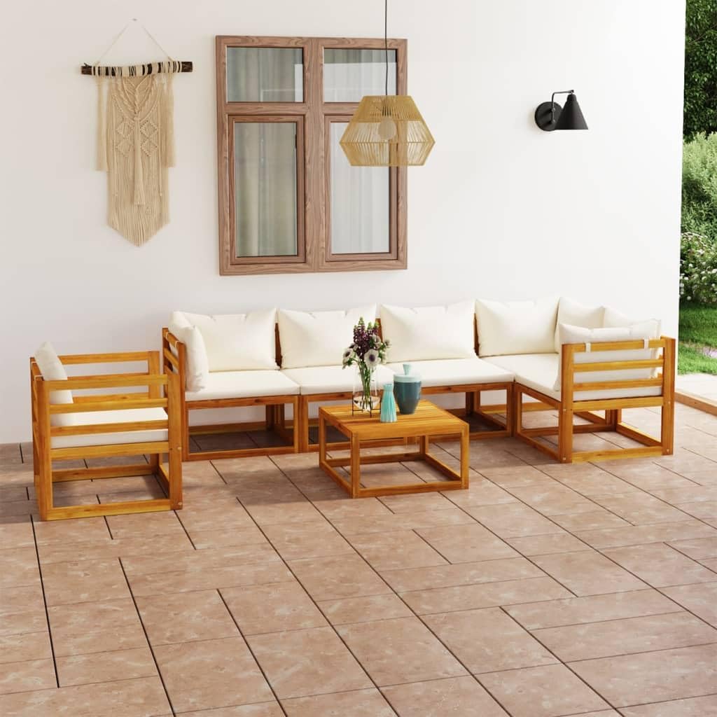 7 Piece Patio Lounge Set with Cushion Cream Solid Acacia Wood,Solid Acacia Wood Lounge Set: Versatile and Stylish Outdoor Comfort Patio Furniture Sets, Outdoor Furniture Sets