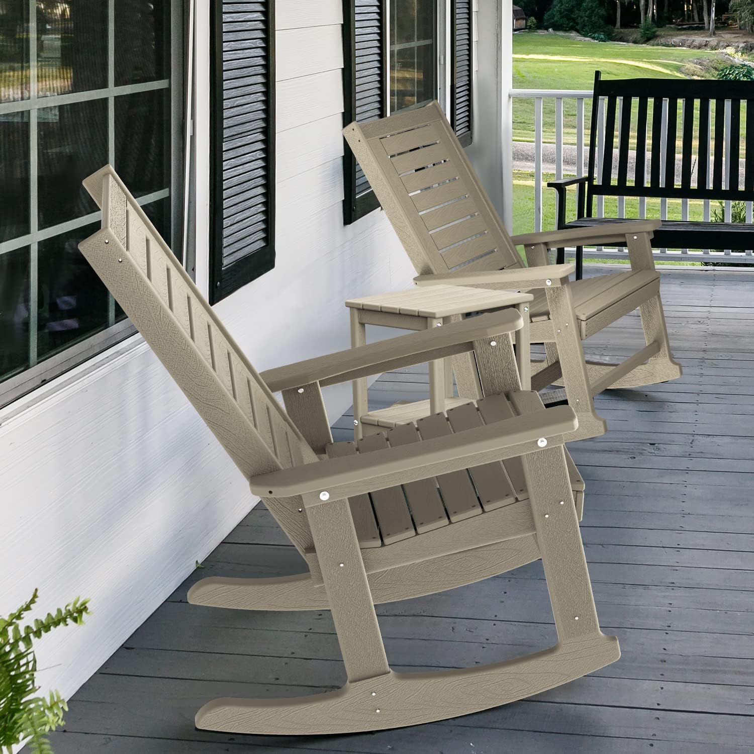 GREENVINES Outdoor Rocking Chair Set | 3-Piece | Desert Brown Wood Grain | 2 Rocking Chairs with 1 Side Table | Porch Rocker | HDPE Plastic | Patio Furniture Sets